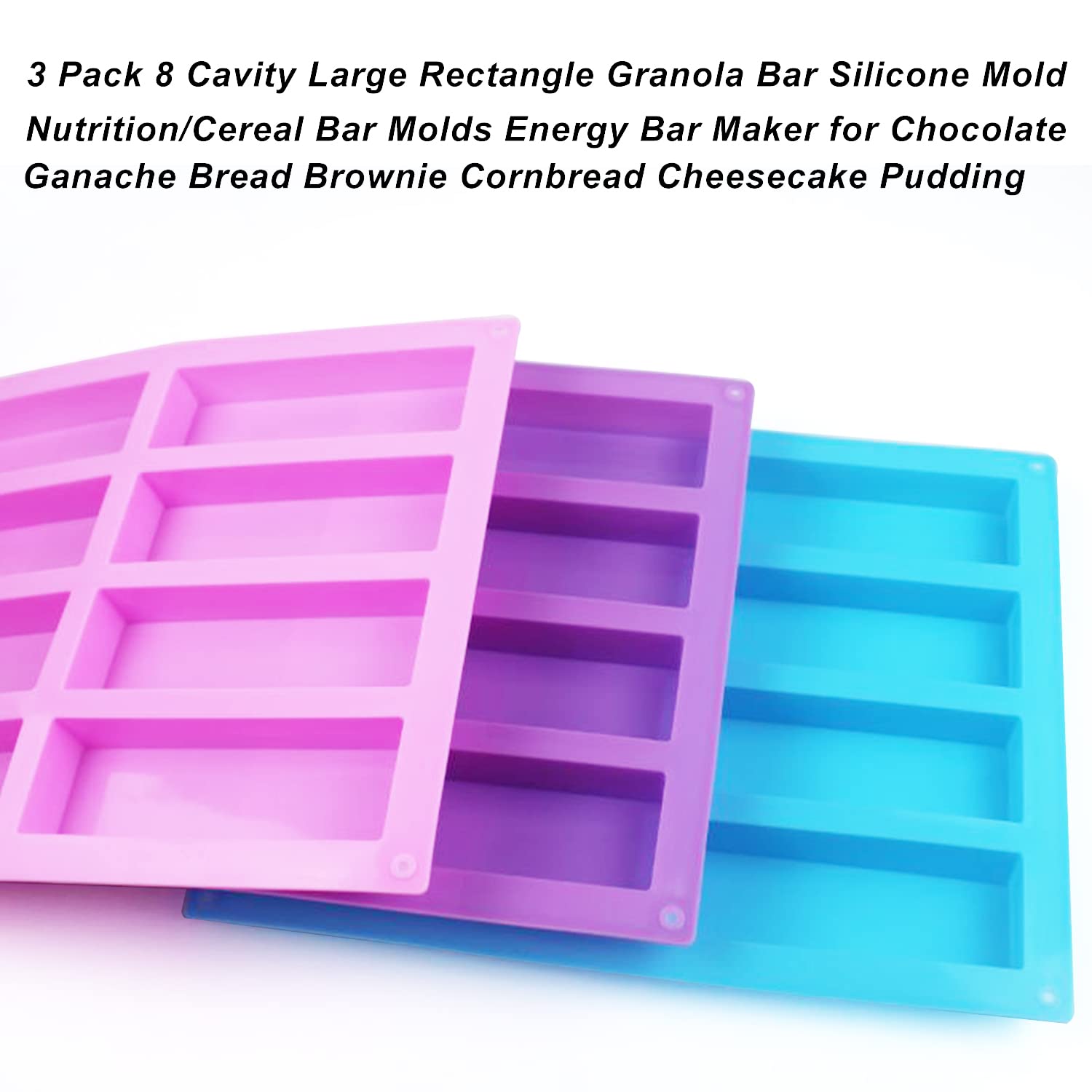 Silicone Chocolate Molds, Metluck 3 Pcs 8 Cavity Silicone Rectangle Molds Protein Bars Mold Energy Bars Candy Chocolate Molds Fo