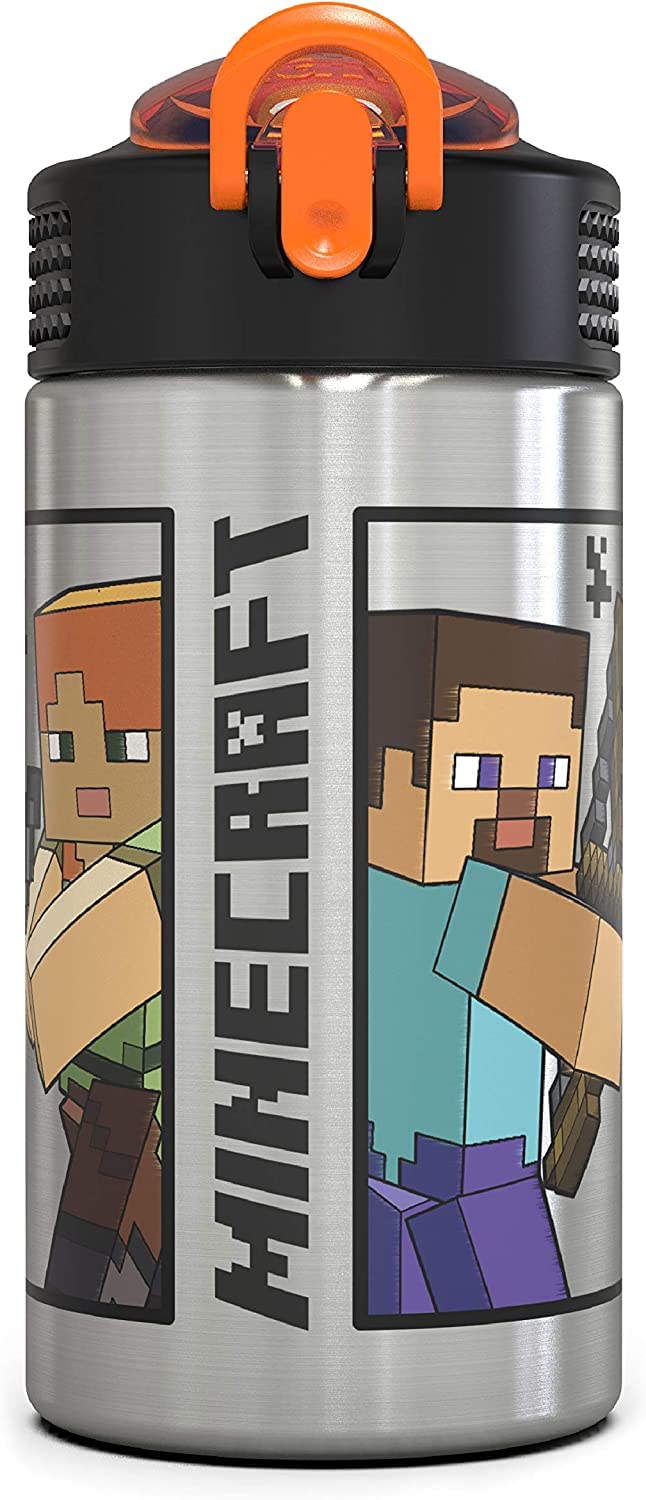 Zak Designs Minecraft - Stainless Steel Water Bottle With One Hand Operation Action Lid And Built-In Carrying Loop, With Straw S