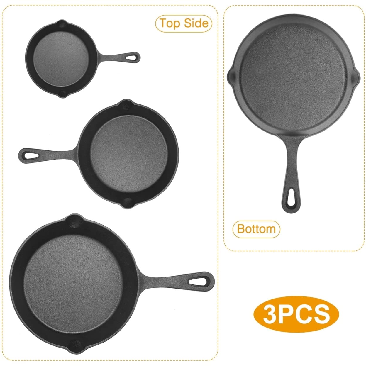 Imountek 3-Piece Pre-Seasoned Non-Stick Bpa Free Cast Iron Pans, Cast Iron Cookware For Grill, Oven, Electric & Gas Burner Stove