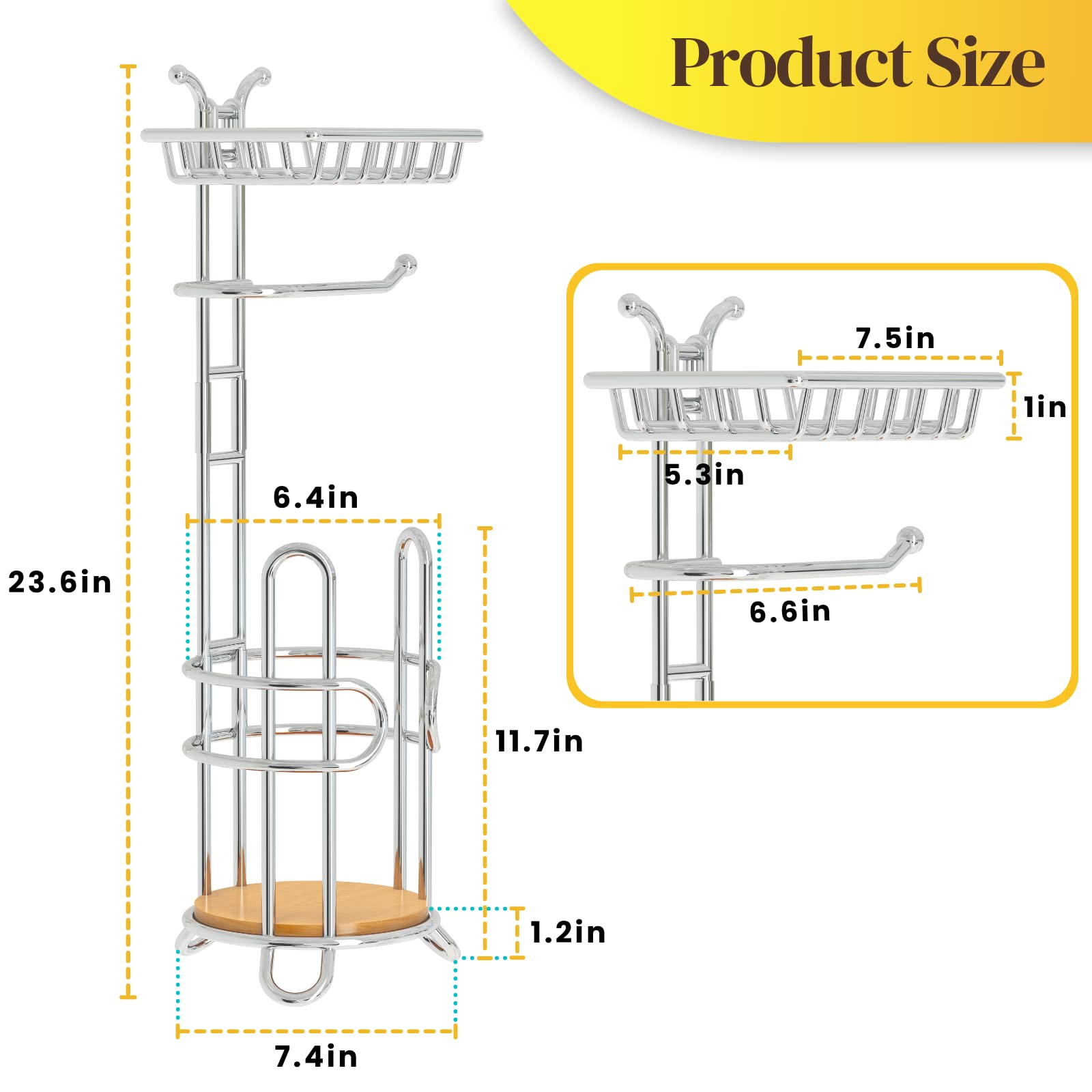 KeFanta Toilet Paper Holder Stand with Shelf, Chrome & Bamboo, 23.6"x6.3"x6.3", Free Standing Tissue Holder for Bathroom