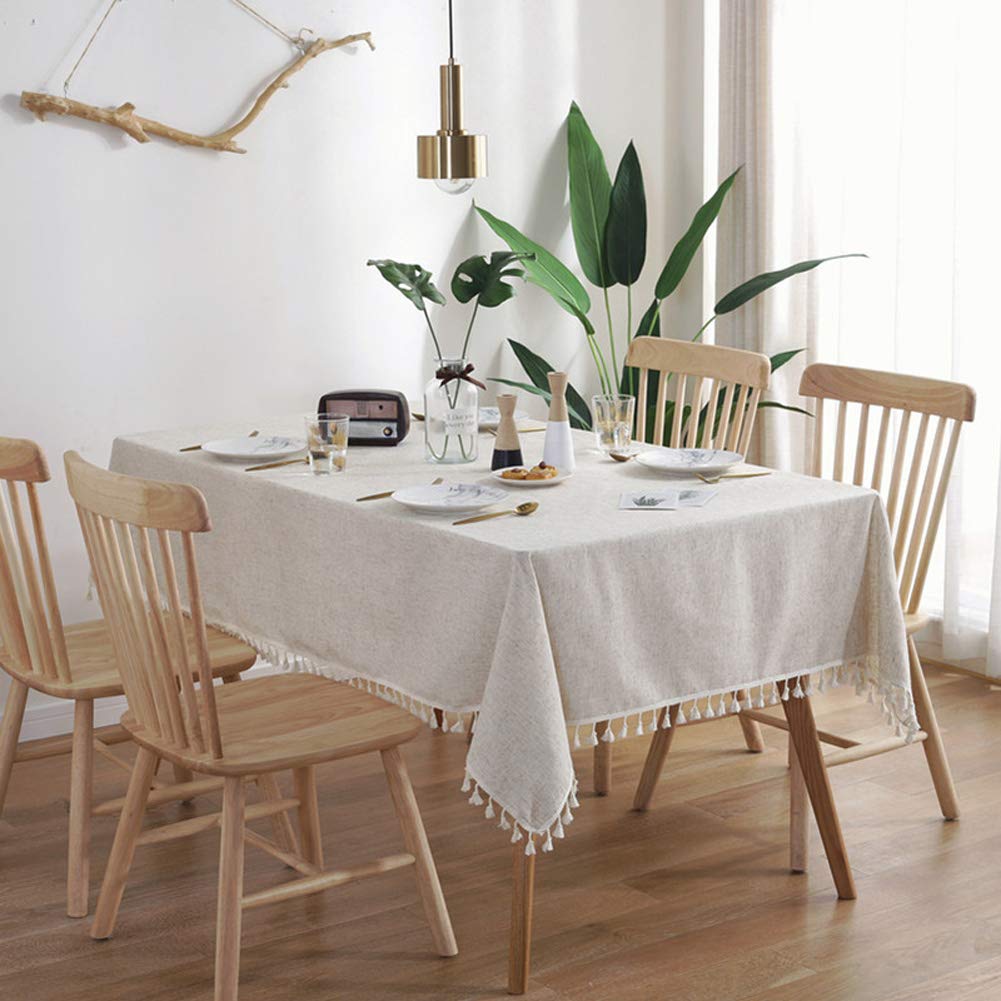 Amzali Cotton Linen Tablecloths Fabric Tassel Tablecloth Dust-Proof Table Cover For Kitchen Dinning Tabletop Home Decoration (Re