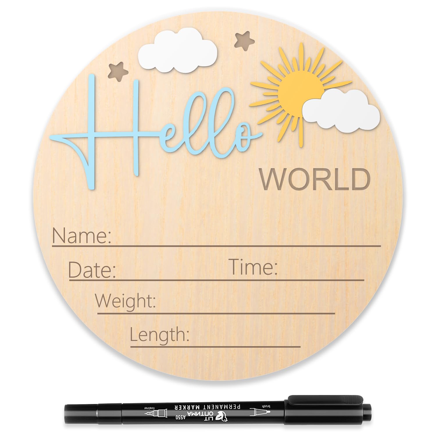 Baby Announcement Sign, 5.9 Inch Hello World Newborn Sign for Hospital, Newborn Photography Props for Nursery, Sun and White Clo