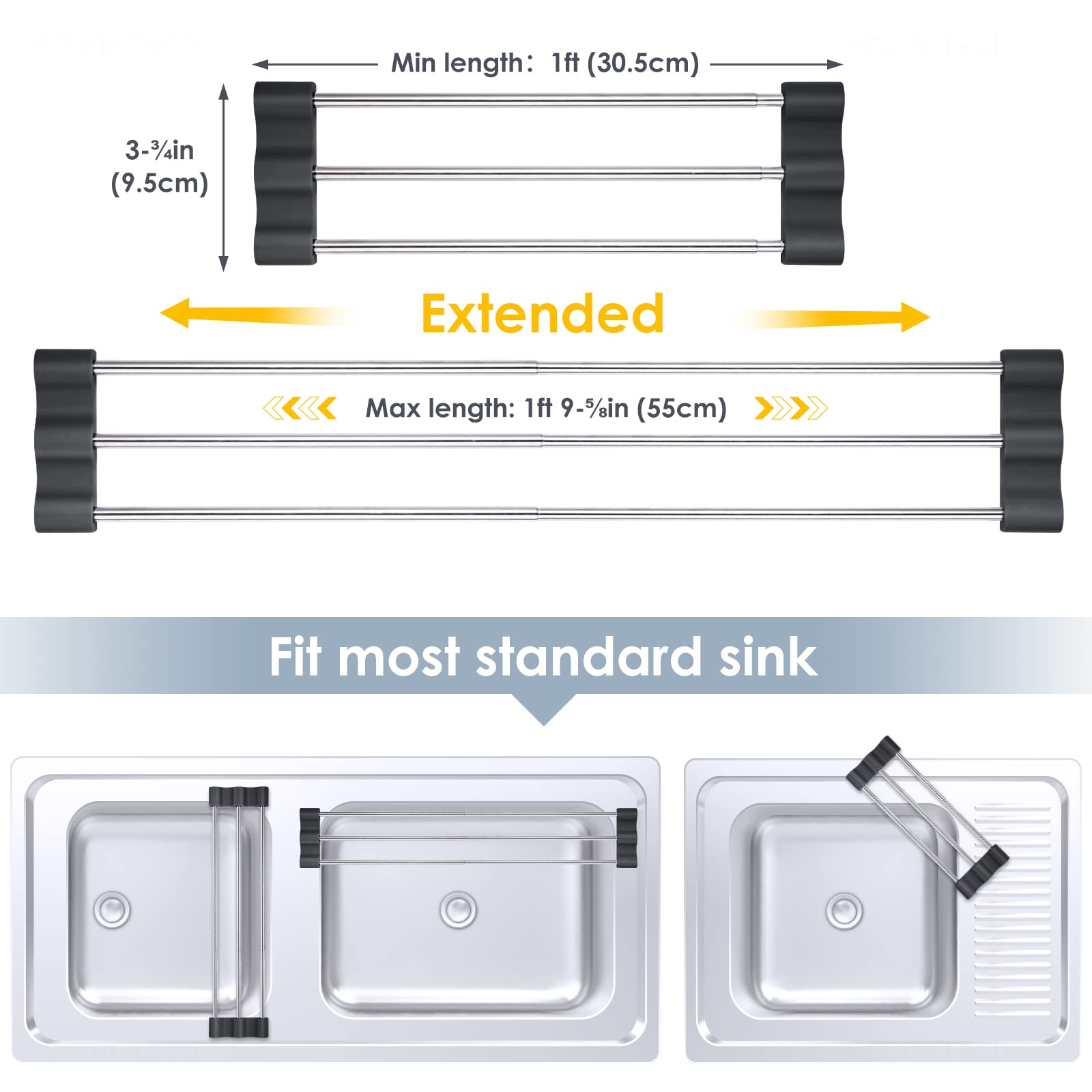 Tomorotec Adjustable Over-The-Sink Kitchen Rack For Dishcloths, Sponges, Bottles And Brushes - Heat-Resistant Stainless Steel Wi