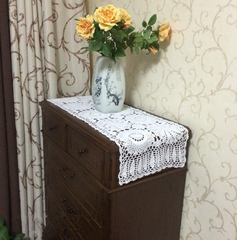 Ustide Rustic Floral Table Runner Hand Crochet Table Doily White Cotton Lace Table Decoration For Coffee Table 15''X70''