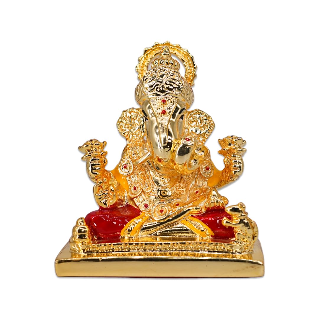 Aarya24Kt Gold Plated Square Base Dagdusheth Ganpati | Ganesh Idol For Car Dashboard, Office Desk,Home Temple & Business Success