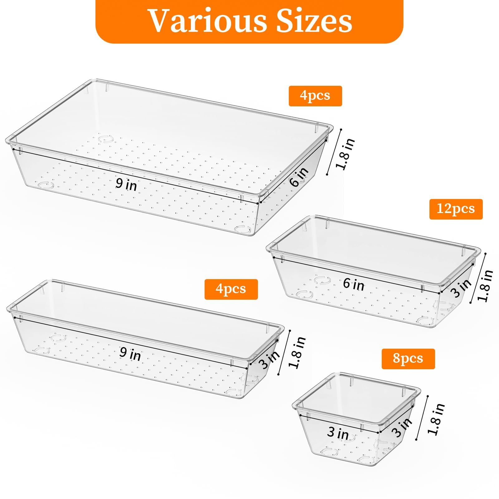 StorMiracle 32 PCS Clear Plastic Drawer Organizer Set, 4-Size vanity organizer Trays and Storage Bins for Makeup, Jewelry and Ga