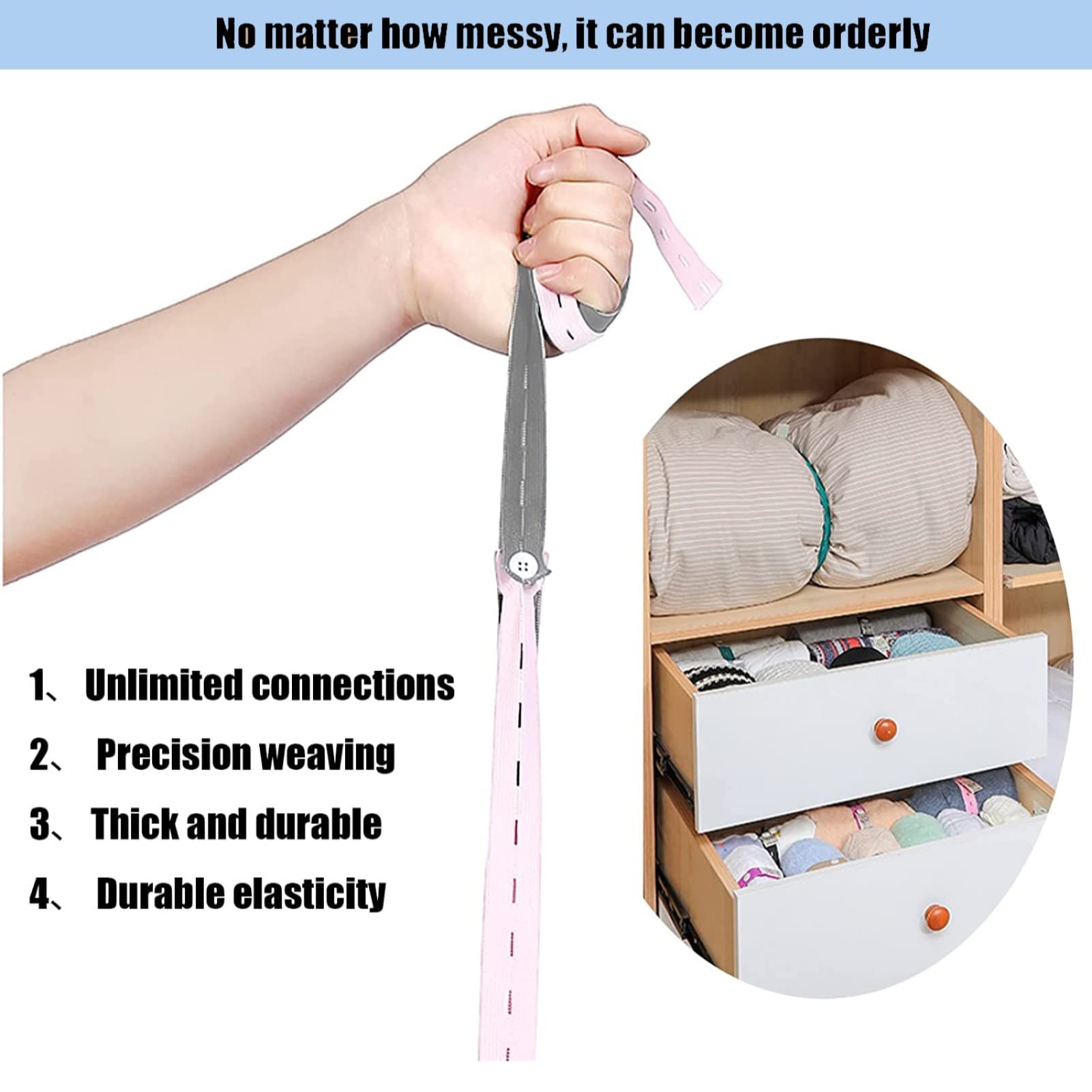 20Pcs Elastic Band With Buttonholes, Stretchable Connectable, Roll-Up Clothes Storage Band, Adjustable Clothing Storage Strap Wi