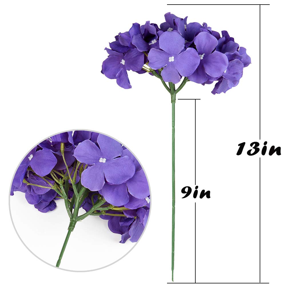 Flojery Silk Hydrangea Heads Artificial Flowers Heads with Stems for Home Wedding Decor,Pack of 10 (Purple)
