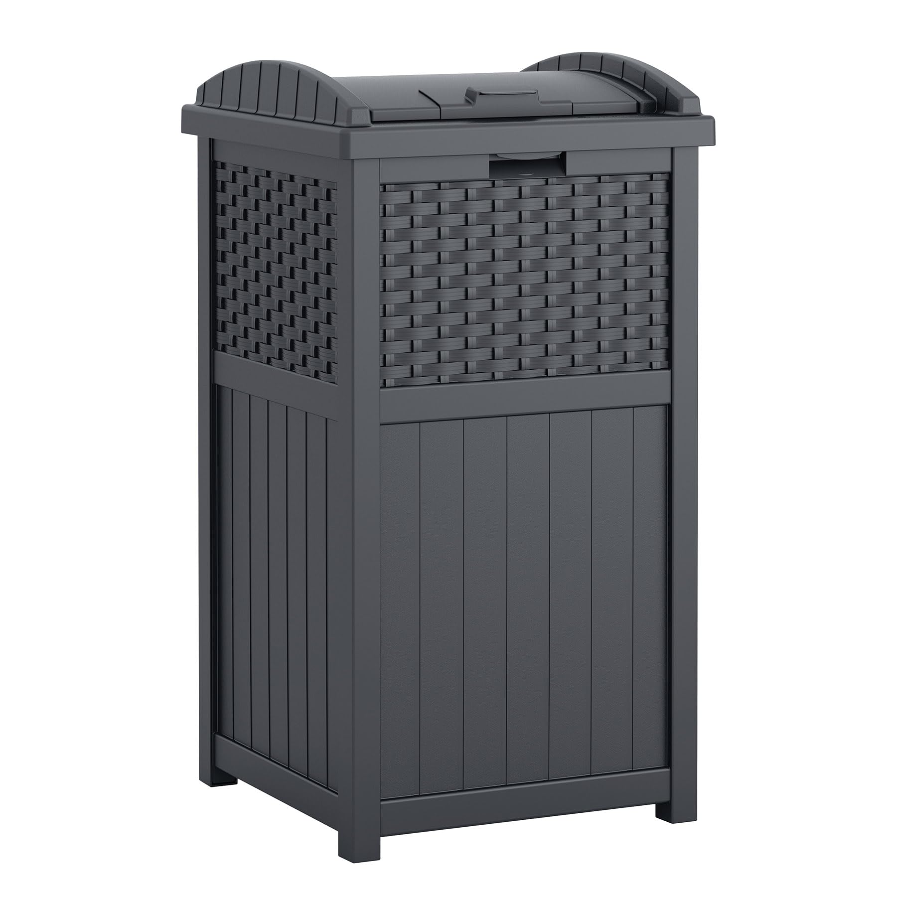 Suncast 33 Gallon Wicker-Style Hideaway Trash Can with Secure Latching Lid and Weather-Resistant Construction for Patio, Cybersp