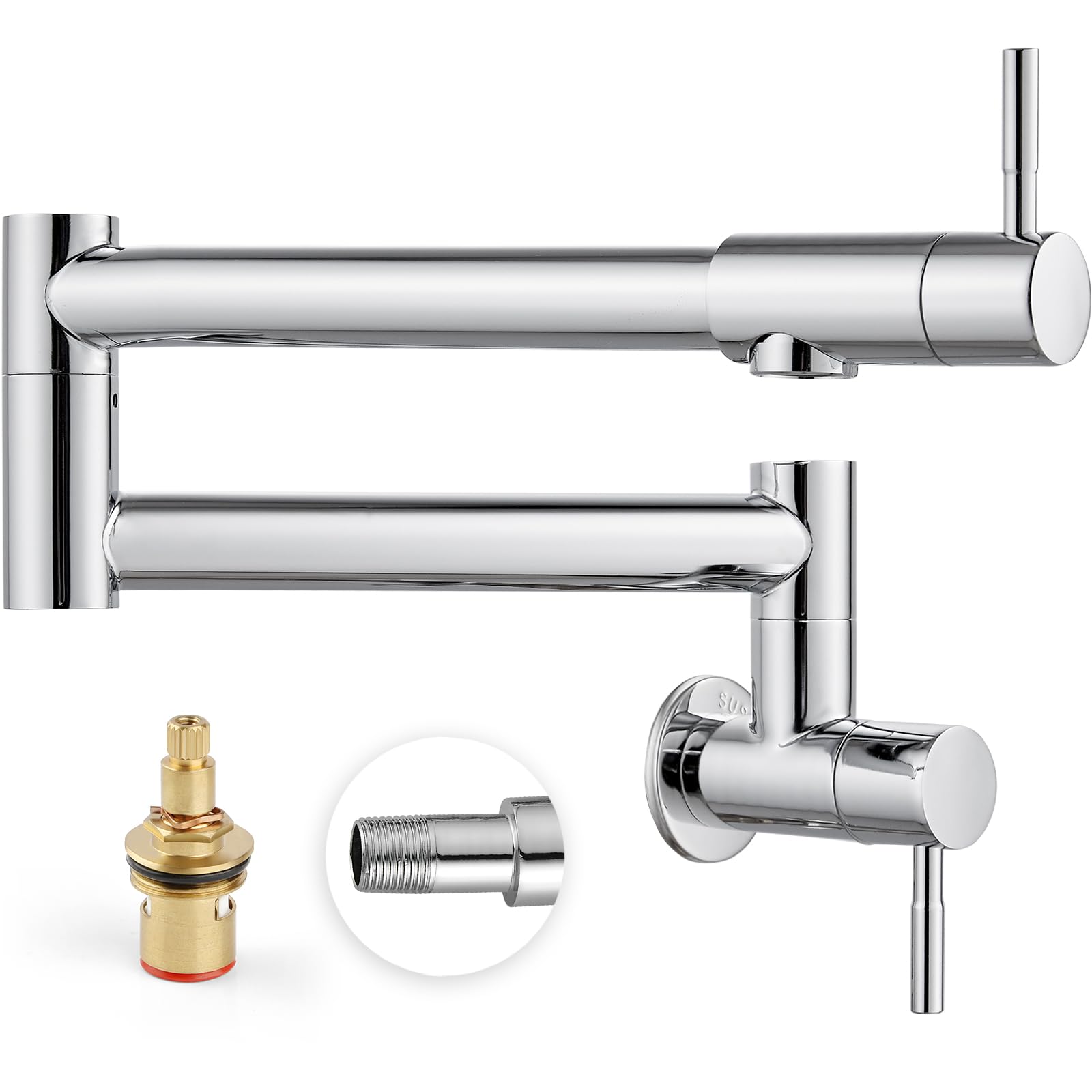 Heyalan Kitchen Restaurant Faucet Polished Chrome 19 Inch Wall Mounted Folding Stretchable Double Joint Swing Arm Single Hole Two Handles Commercial NPT Stainless Steel Pot Filler