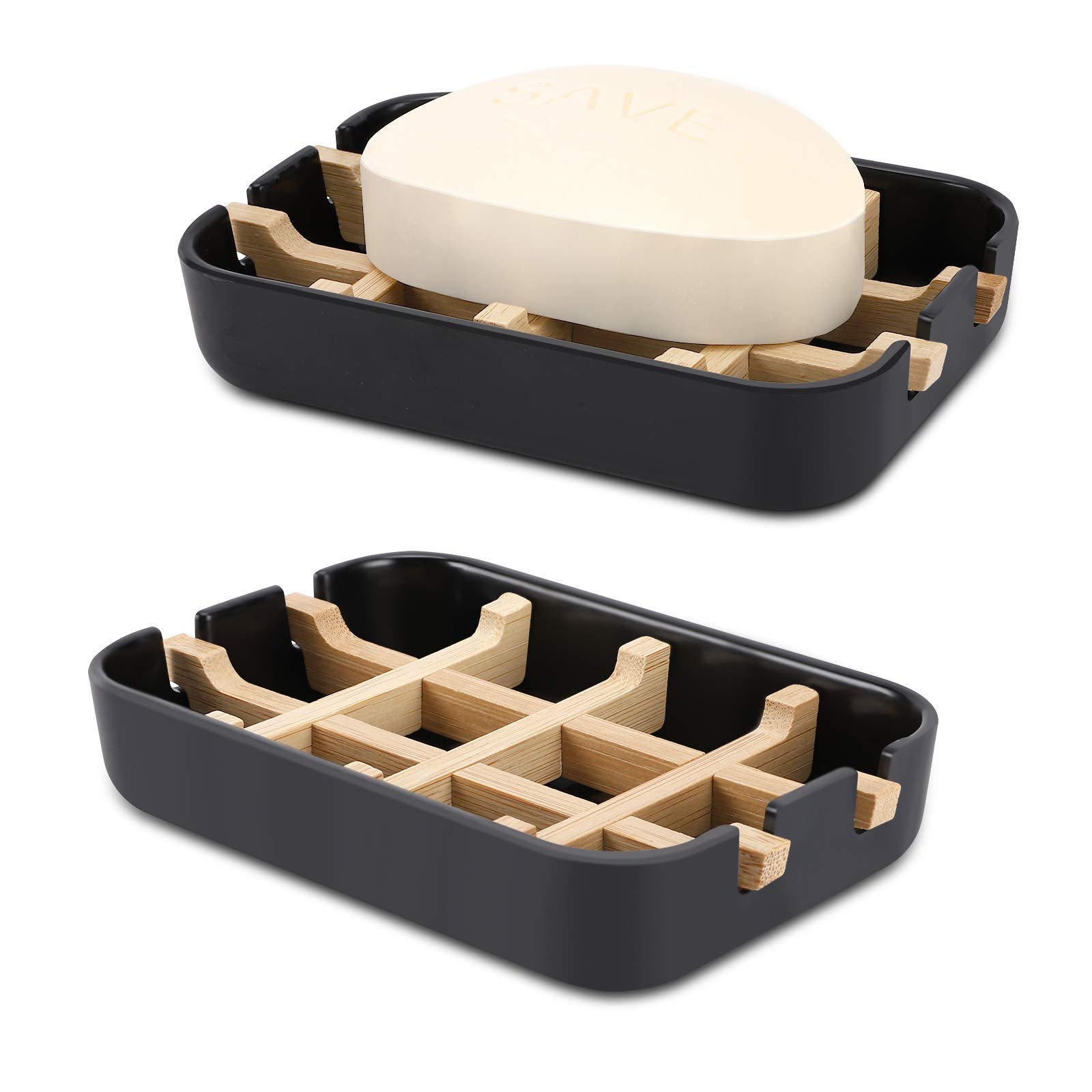 Fufengz Bamboo Wooden Soap Dishes For Bathroom Bar Soap Holder Shower Soap Holder Sink Deck Bathtub Shower Tray (Two Pieces Blac