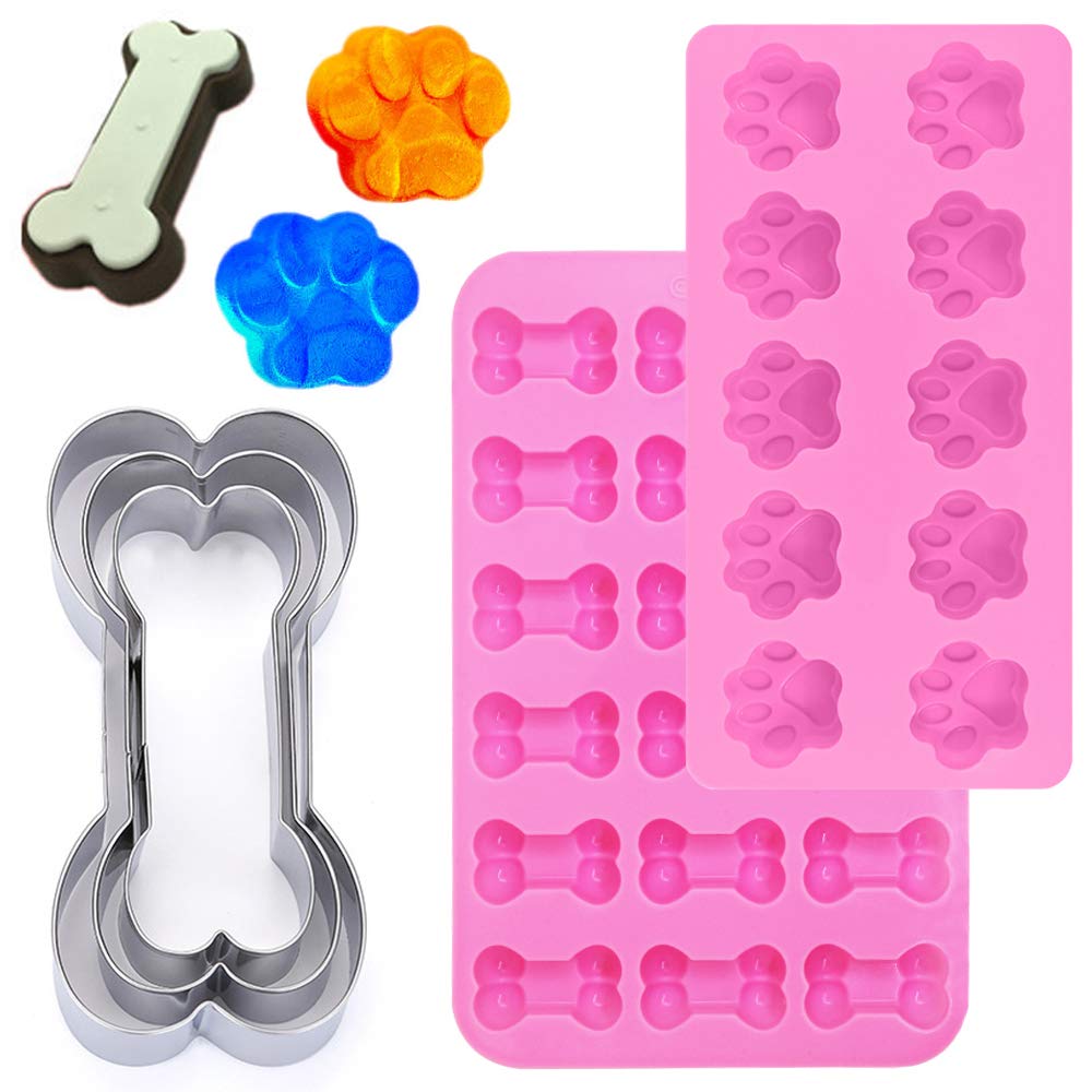 Set Of 7, Puppy Dog Paw And Bone Silicone Molds With Stainless Steel Bone Cookie Cutter, Findtop Food Grade Silicone Molds (Pink