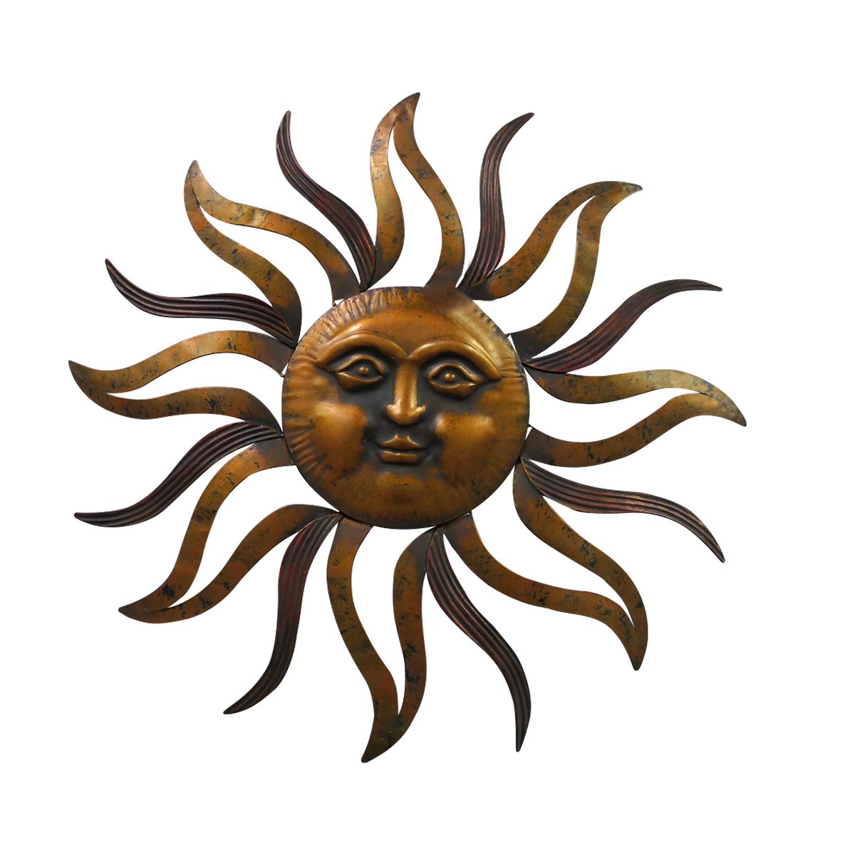 Benzara 35 Inch Round Wall Mounted Sun Face Accent Decor, Carved Rustic Gold and Black Metal