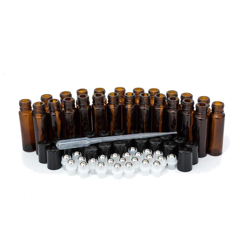 Zejia 10Ml Roller Bottles 24Pack Amber Thick Glass Essential Oil Roller Bottles Stainless Steel Roller Ball With 2 Droppers