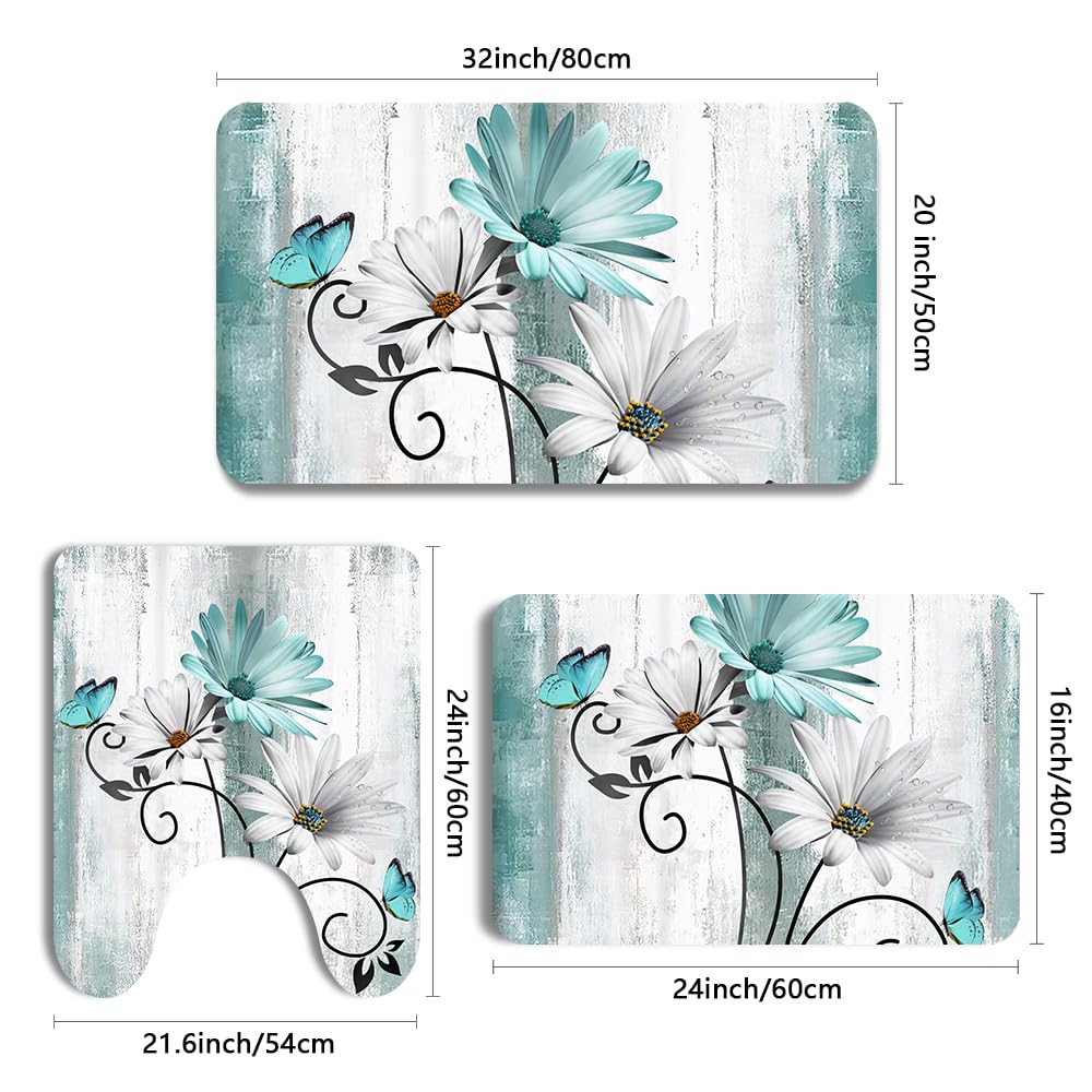 Muginyu Teal Daisy Floral Bath Rug Sets 3 Piece, Rustic Farm Farmhouse Bath Mat Quick Dry Thin Rubber Diatomaceous Earth Turquoi