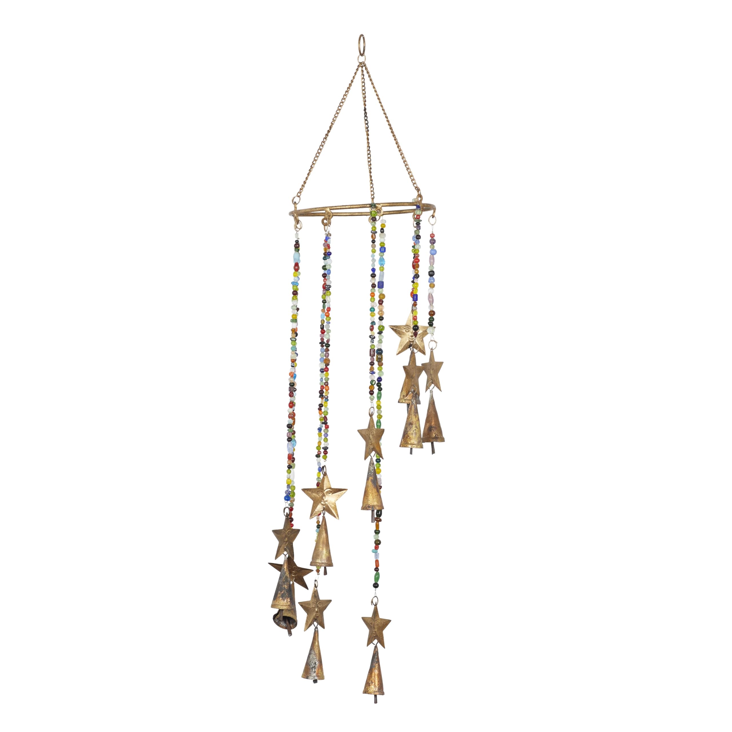Deco 79 Metal Sun Stars Windchime With Glass Beads And Cone Bells, 7 X 7 X 26, Gold