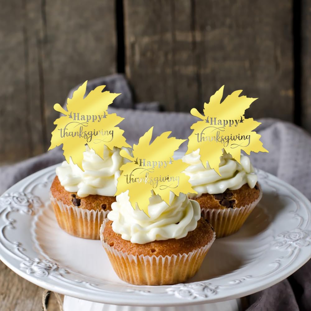 Ruscalin 12pcs Happy Acrylic Thanksgiving Cake Topper Fall Party Decorations Happy Friendsgiving Sign Cake Topper Maple Leaves (