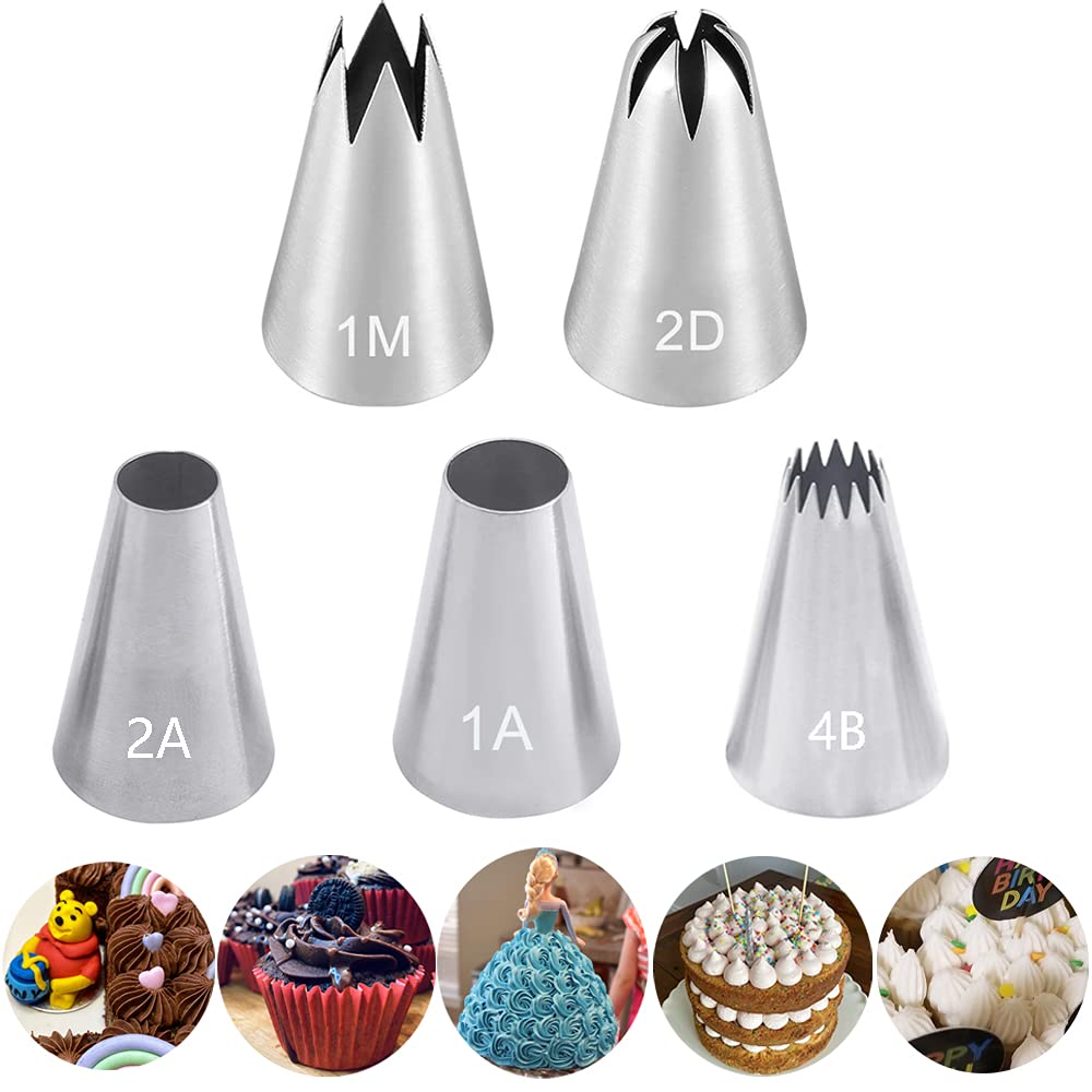 Large Piping Tips Set For Cake Cupcake Decorating,Stainless Steel Icing Piping Nozzles,5 Decorating Tips Pastry Tips Frosting Ti