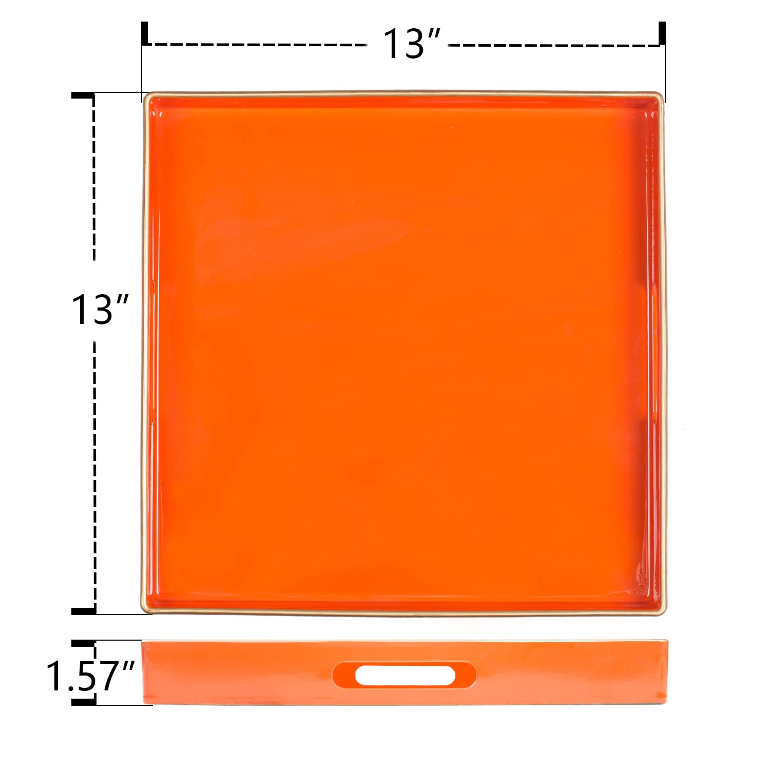 MAONAME Decorative Tray  Orange Serving Tray with Handles  Coffee Table Tray  Square Plastic Tray for Ottoman  Bathroom  Kitchen  13''x13''x1.57''