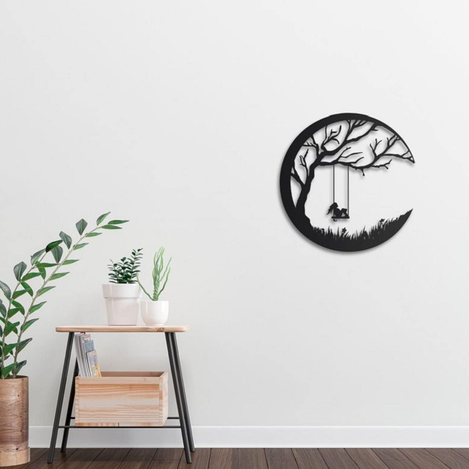 HIRVALL Metal Tree of Life Wall Art Sculpture, Young Woman Tree of Life Wall Art Decoration, Black Moon Wall Silhouette Decor fo