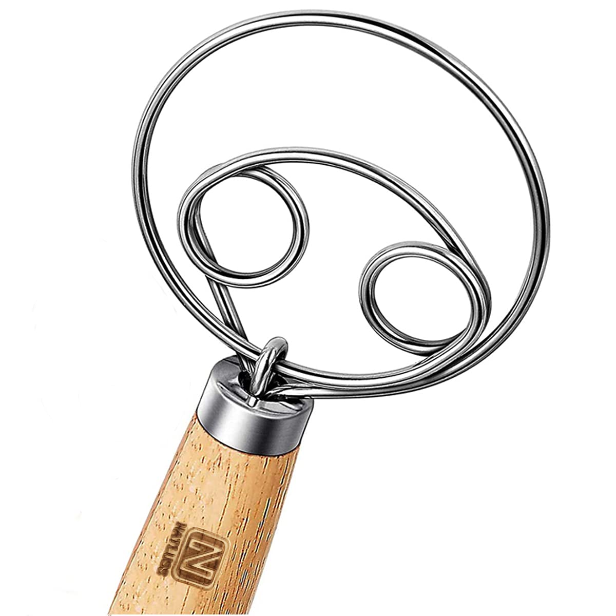 Natluss Original Danish Dough Whisk Dutch Style 13'' Stainless Steel Large Wooden Hand Dough Mixer Baking Tool For Bread, Batter
