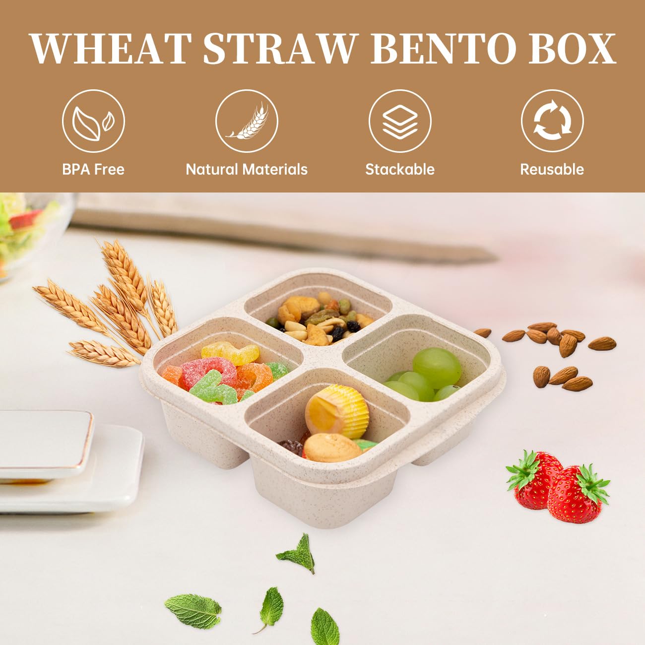 Rngwaper 5 Pack Bento Lunch Box,4 Compartment Snack Containers,Divided Bento Snack Box,Meal Prep, Lunch Box Kids/Toddle/Adults,F