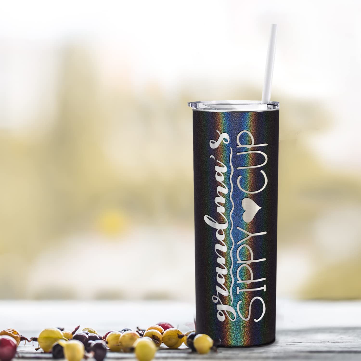 Grandma'S Sippy Cup Skinny Tumbler With Lid And Straw Laser Engraved On Black Glitter 20 Oz Insulated Stainless Steel Funny Birt