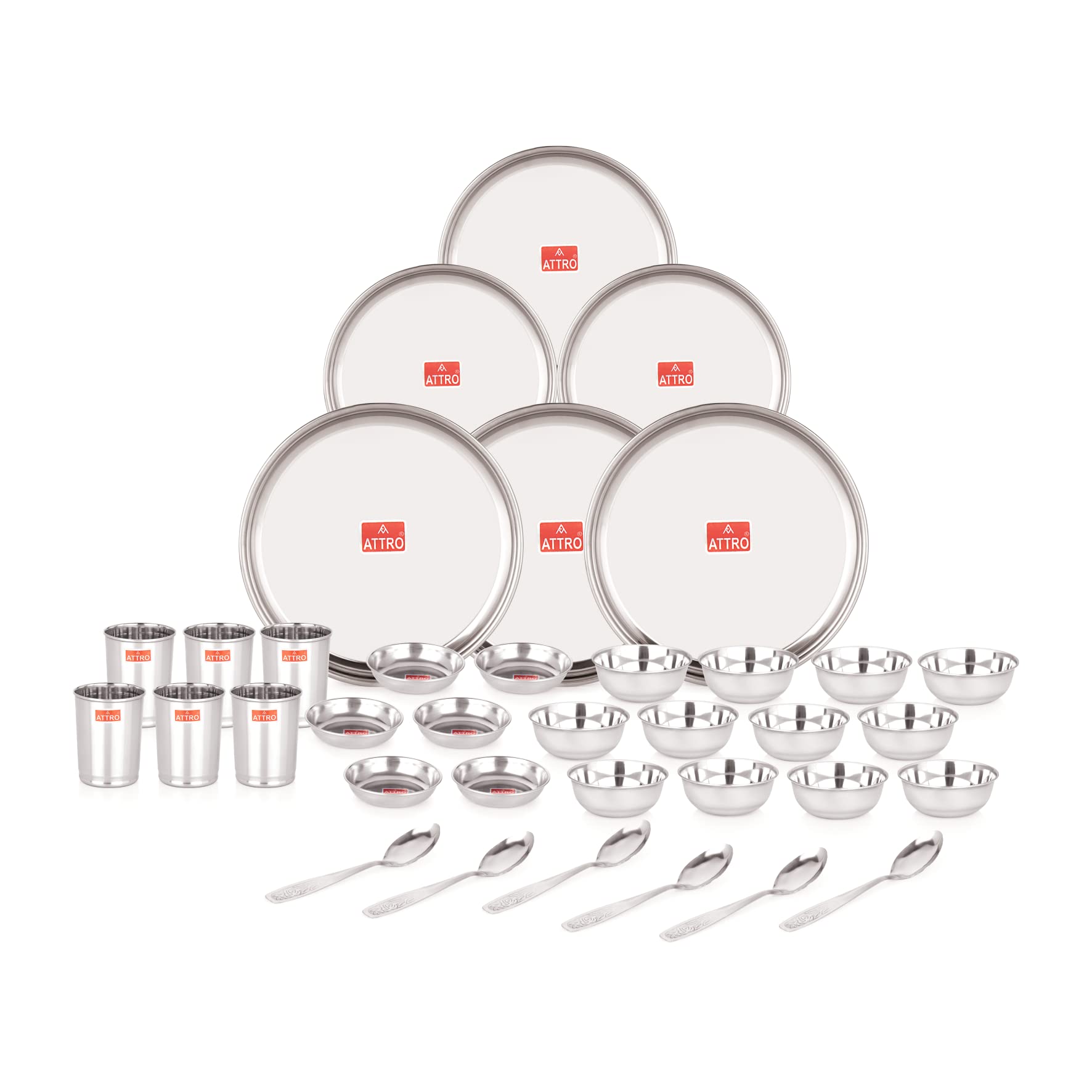 Attro 36 Pieces Smart Stainless Steel Dinnerware/Dinner Set - 6 Thali, 6 D.Plate, 12 Bowl, 6 Glass, 6 Spoon, Kitchen Set For Hom