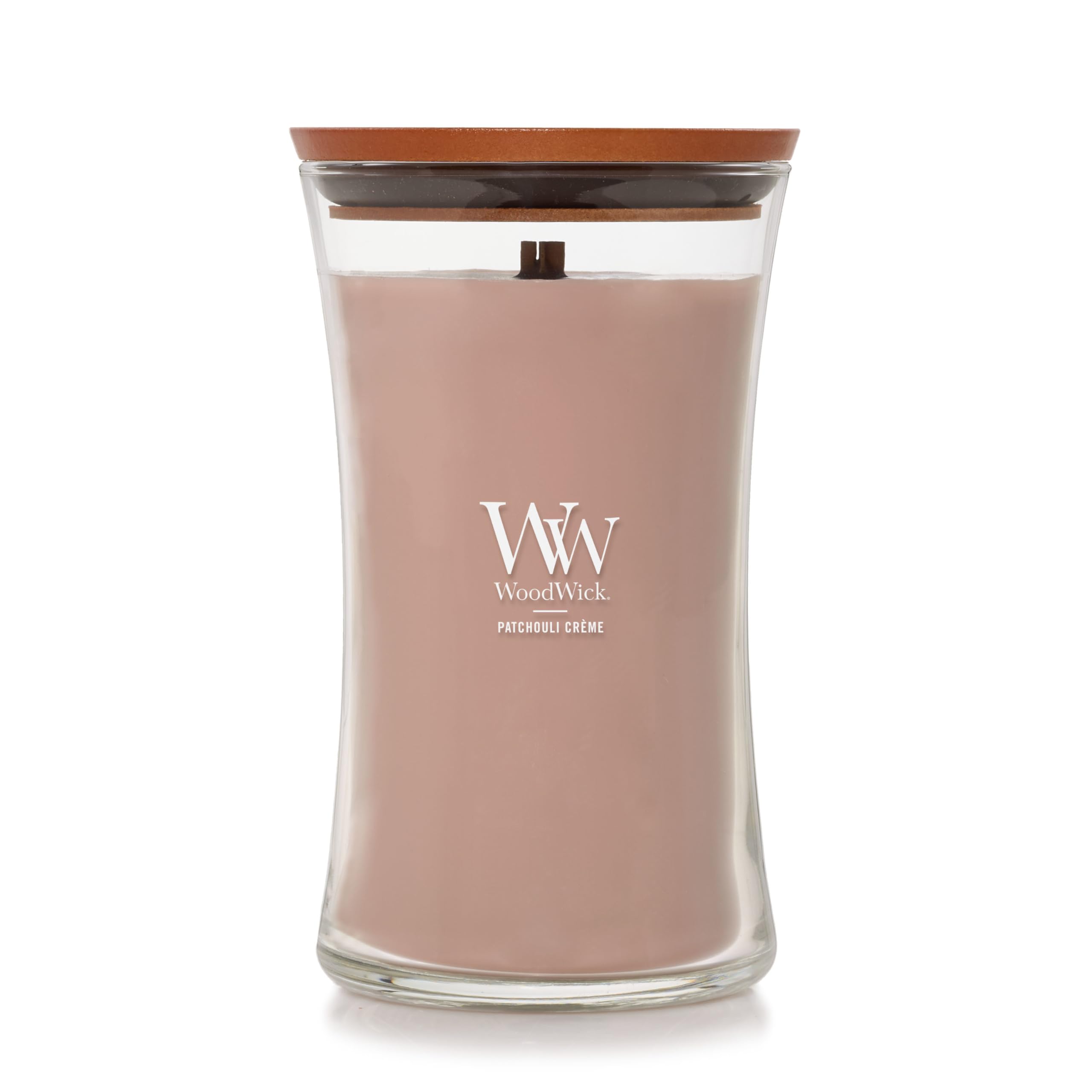 WoodWick Patchouli Crme Gifts for Women and Men, 21.5 oz Large Hourglass Candle with Crackling Wick