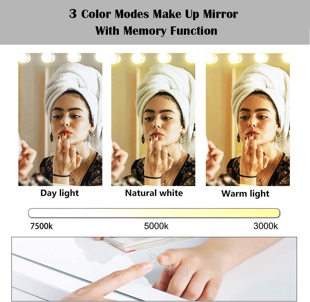 Zdorzi Vanity Mirror With Lights,Large Hollywood Lighted Makeup Mirror With 15 Dimmable Led Bulbs,3 Color Modes,Touch Control,10