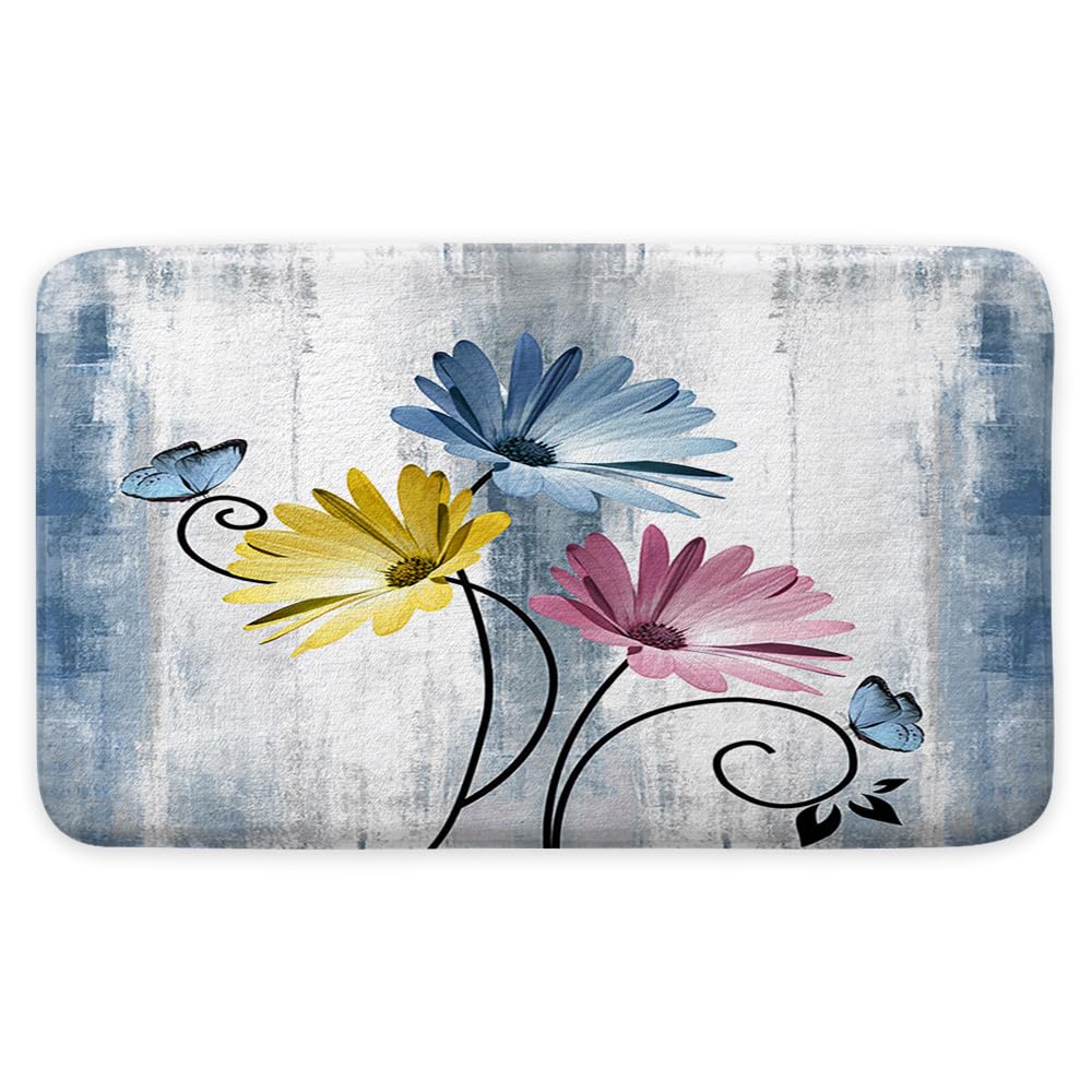Veivian Rustic Farmhouse Bath Mat, Farm Teal Daisy Floral Flowers Butterfly Country Wooden Bath Rug For Bathroom, Grey White Bat