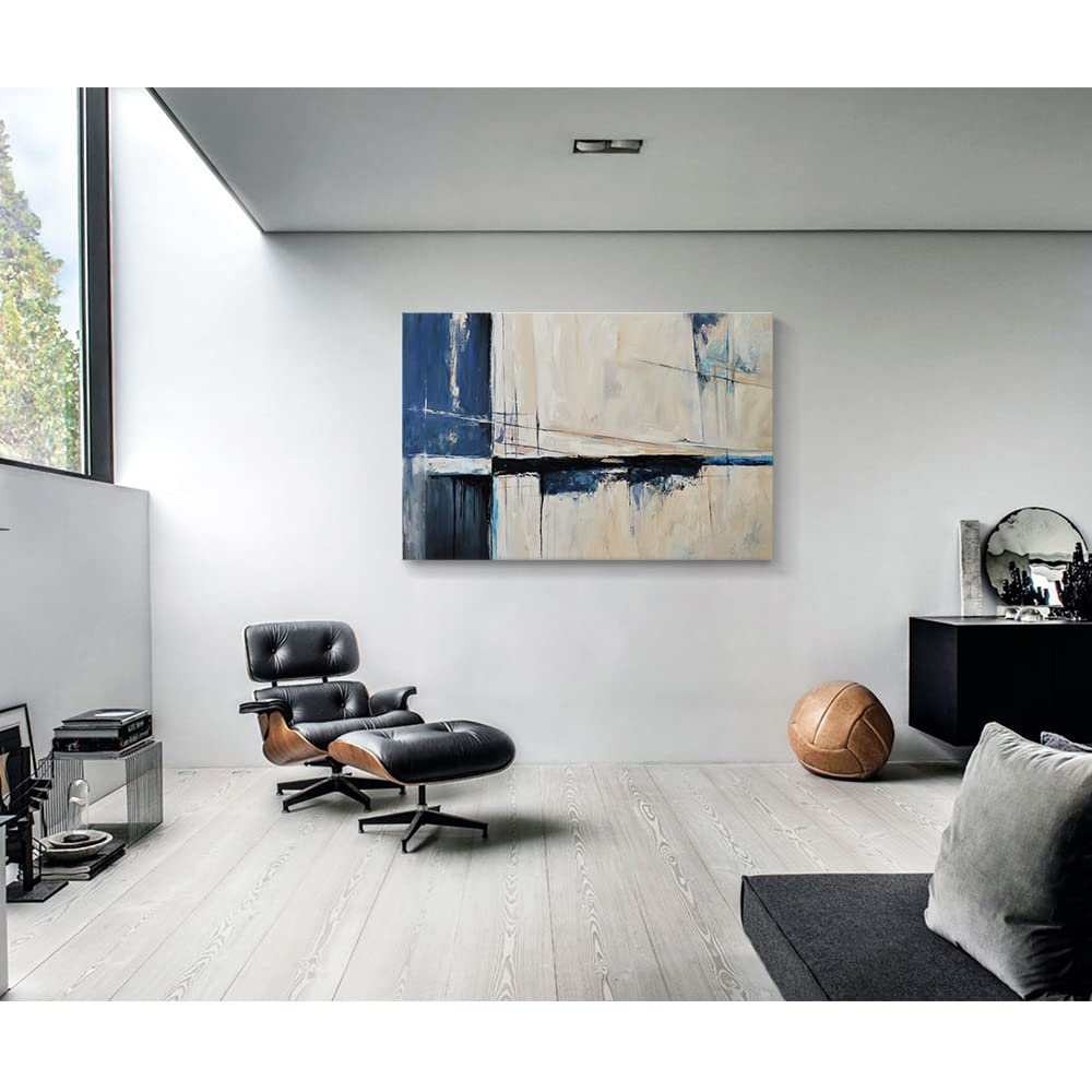 Large Abstract Canvas Wall Art Modern Geometric Art Paintings Blue Blocks and Lines Painted on Cream Background Elegantly Framed Artwork Pictures for Living Room Bedroom Wall Decor 48x32in