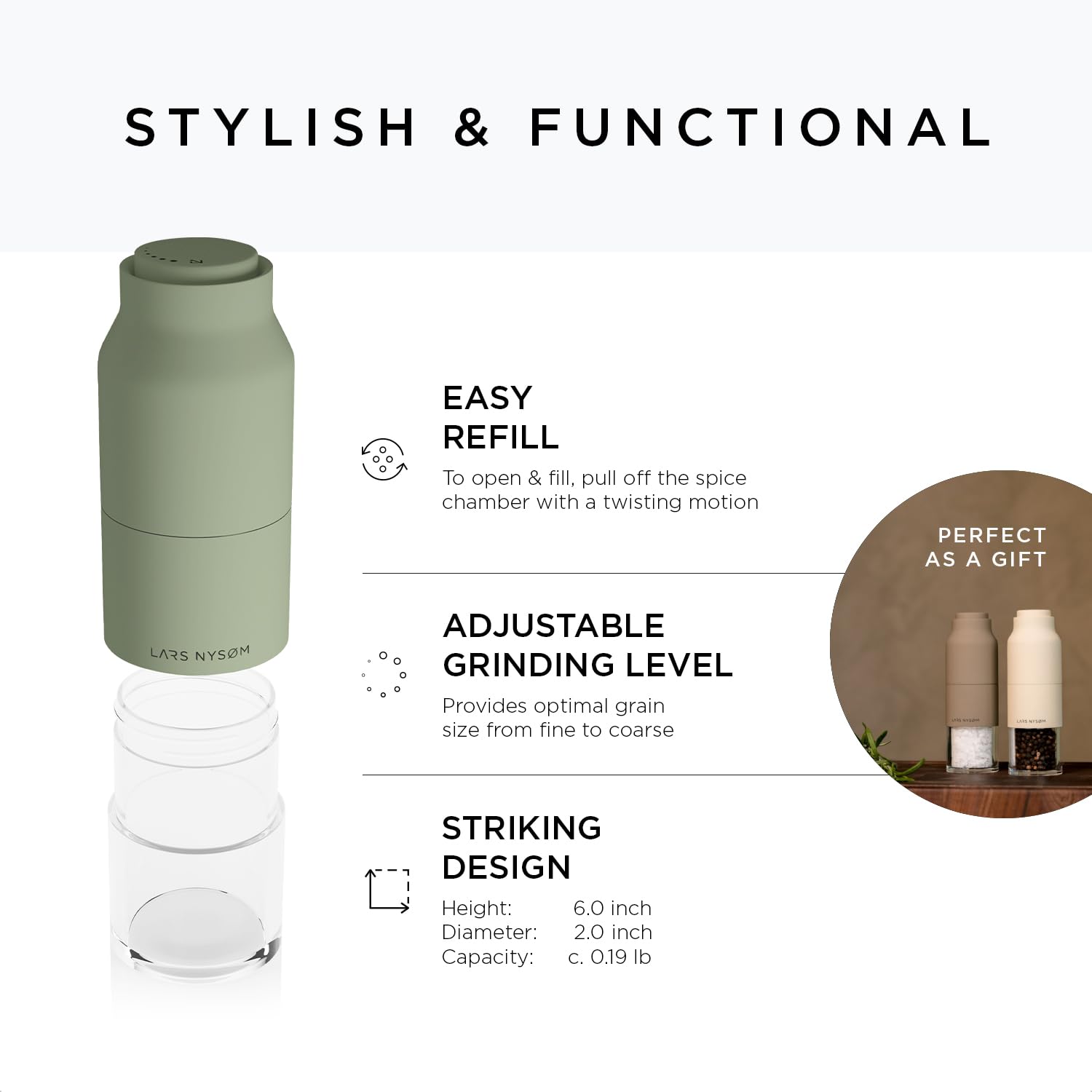 Lars Nysm Stainless Steel Salt And Pepper Mill Set With Adjustable Ceramic Grinder I Manual Spice Mill Set (Sage)