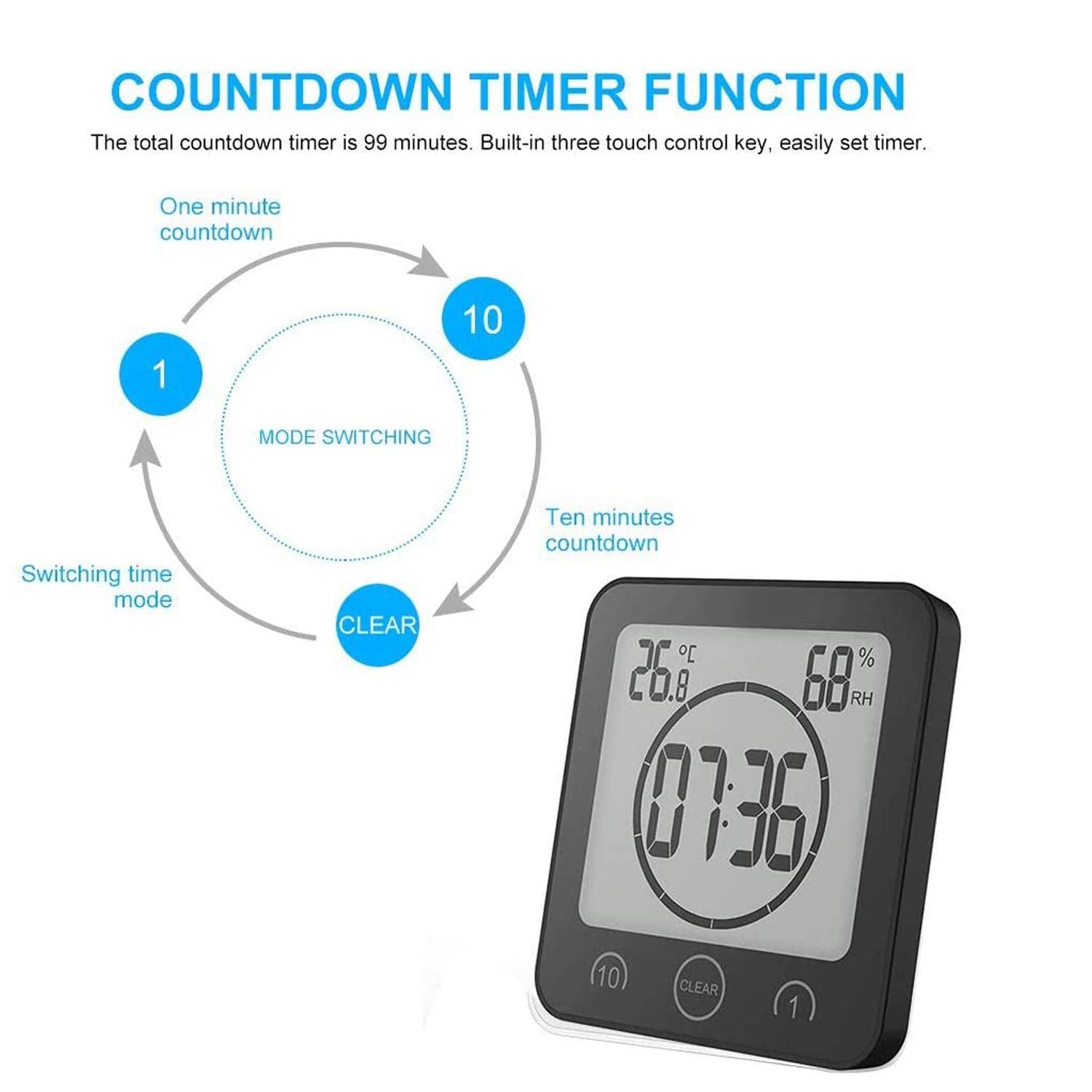 NOFIBAF Digital Bathroom Shower Wall Clock Timer with Alarm with Big LCD Display, Waterproof for Water Spray, Humidity Temperatu