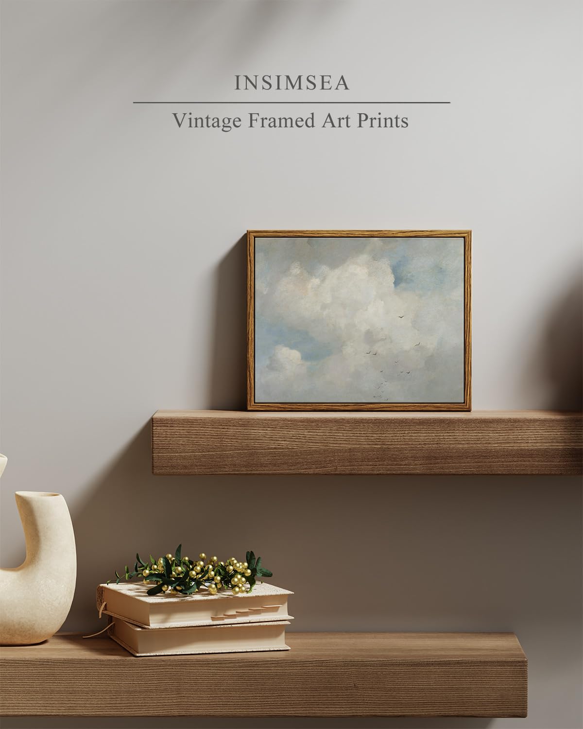 Insimsea Framed Canvas Wall Art Vintage Decor, Home Decor Classical Oil Paintings Sky Cloud Birds Prints, Vintage Landscape Larg