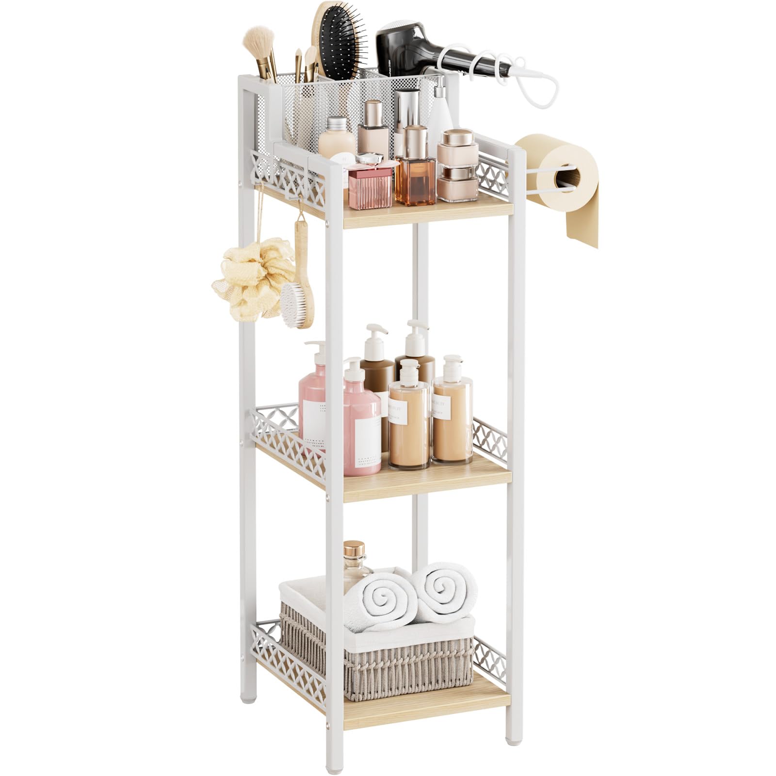 FURFUN Slim Bathroom Storage Shelf Unit, 3 Tier Corner Storage, Rustic Makeup Organizer, Space-Saving Floor Standing Storage She