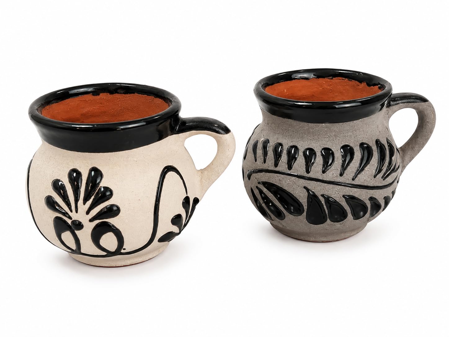 Genrico Handmade Mexican Clay Mug, Black GreyBlack Cream, 6 Oz, Set of 2