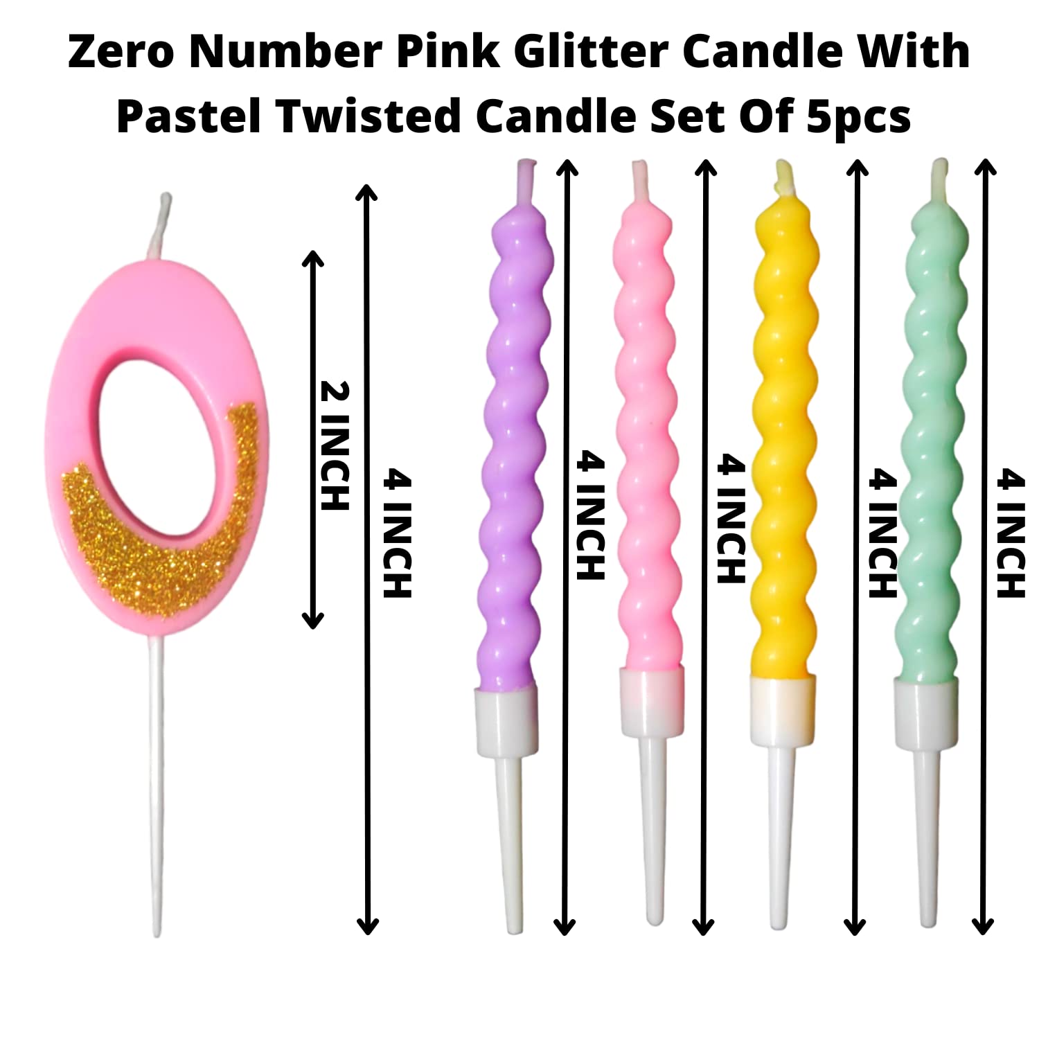 Party Decorz Number 0 Candle | Zero Number Candle | Zero Number Pink Glitter Candle with Pastel Twisted Candle Set of 5pcs for B