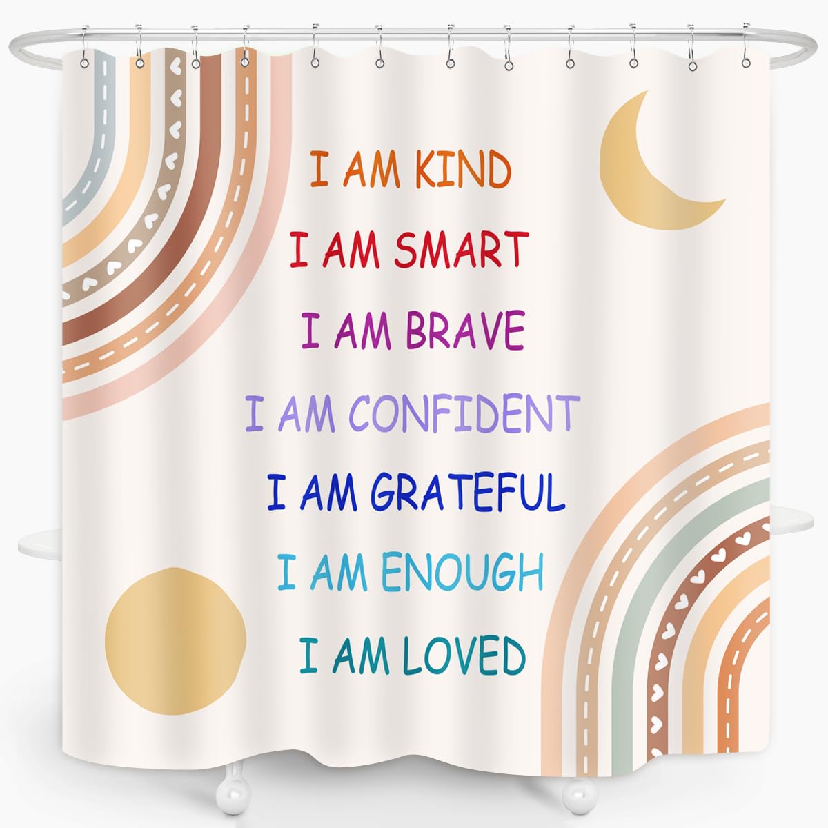 Zxmbf Boho Rainbow Quotes Shower Curtain Colorful Inspirational Positive Kids Teen Girls Abstract Moon Sun Fabric Home Bathroom