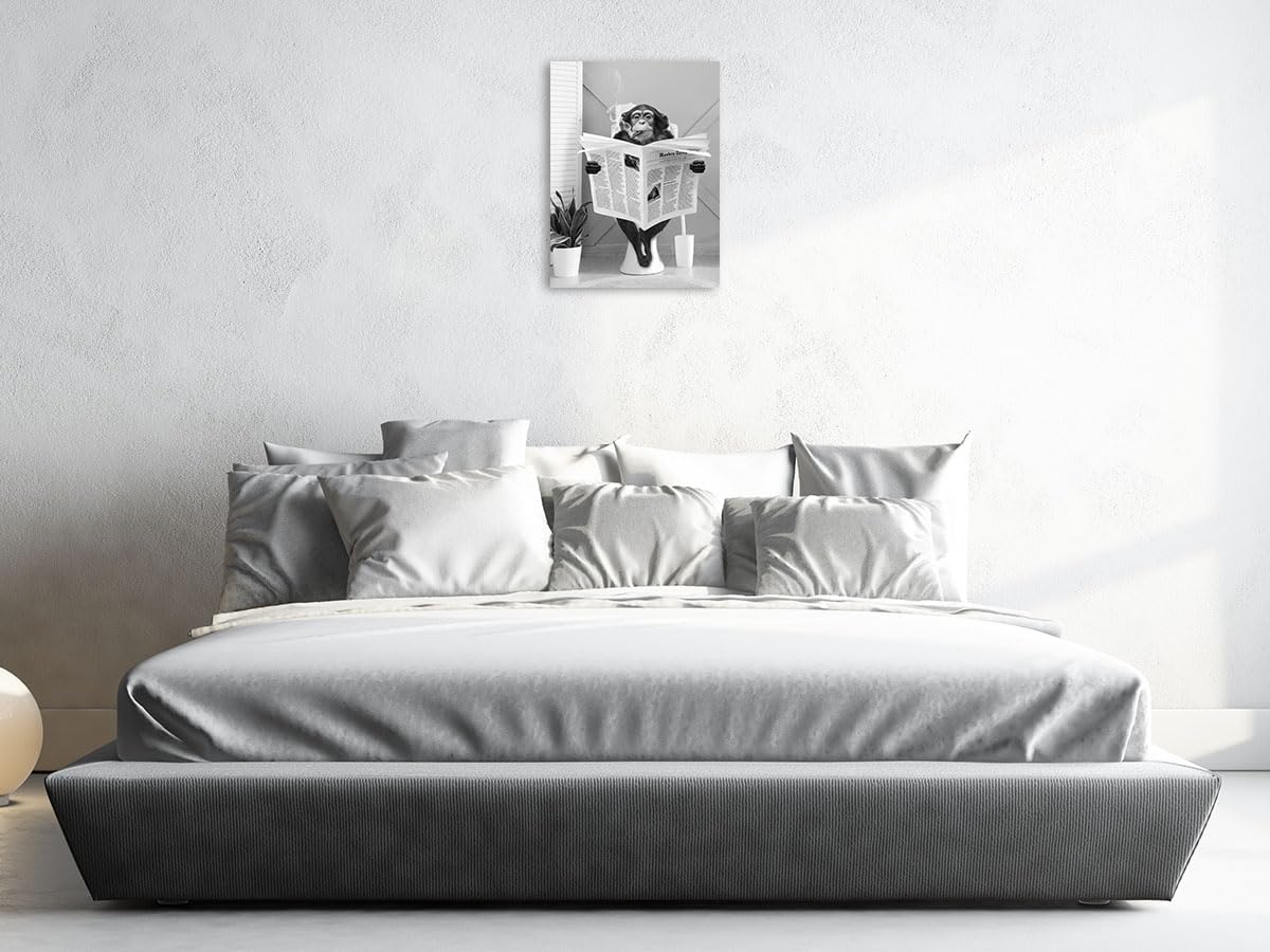 Biufo Monkey On Toilet Canvas Wall Art Print Animal Portrait Picture Artwork For Bedroom Bathroom Decor (12''X16'')