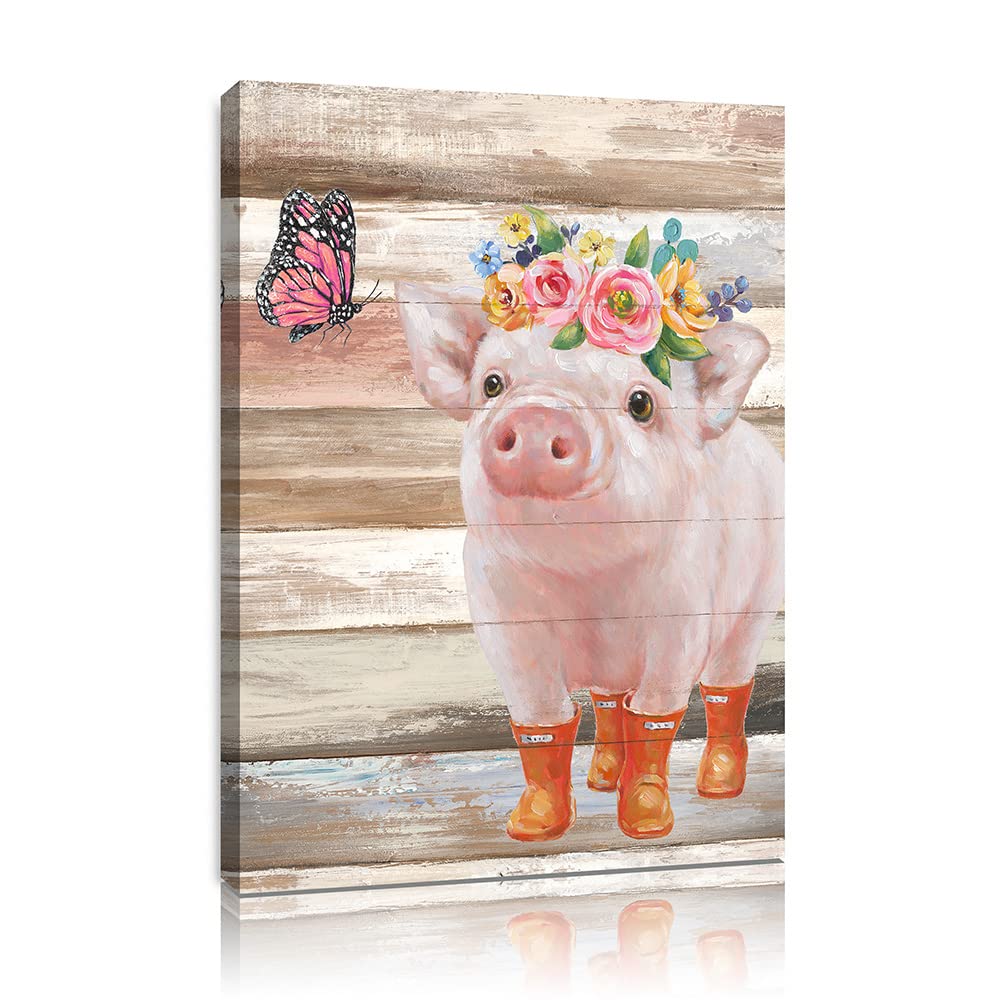 Funny Piggy And Pink Butterfly Pig Pictures Wall Art Farmhouse Wall Decor Farm Animal Canvas Poster Mural For Bedroom Bathroom A