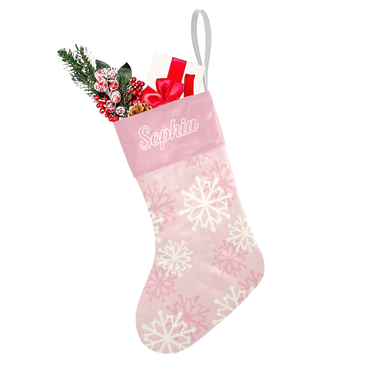 SunFancyCustom Custom Pink and Cream Snowflake Christmas Stocking Personalized with Name Xmas Family Holiday Birthday Gift Decor