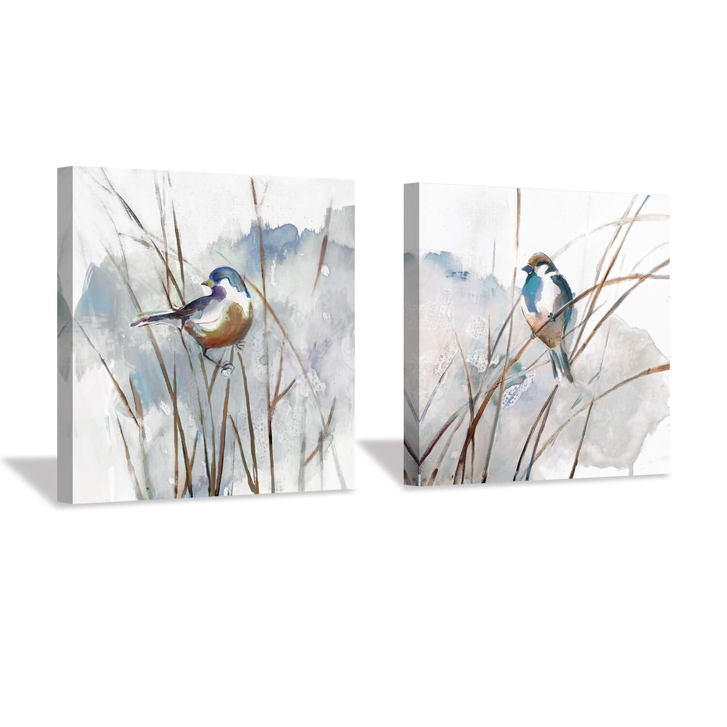 Abstract Picture Bird Wall Art: Animal Birds On Reed Watercolor Artwork Prints On Canvas For Bedroom (12    X 12    X 2 Panels)