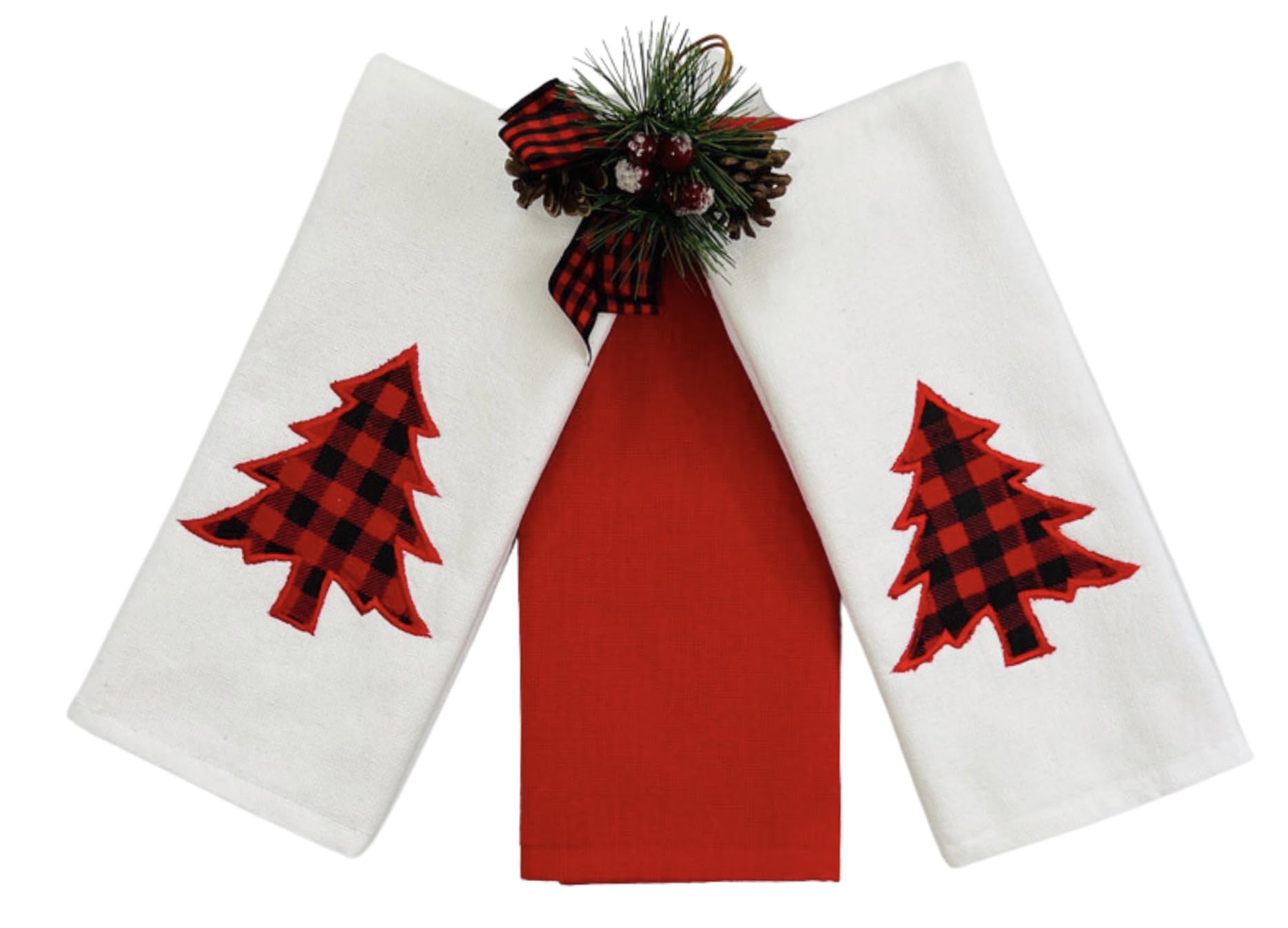 Serafina Home Holiday Winter Kitchen Hand Towels: Two Checkered Trees And One Solid Towels: 100% Cotton 3 Pc
