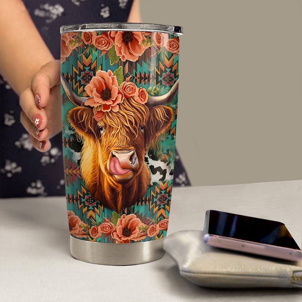 Highland Cow Tumbler 20oz Stainless Steel Insulated Coffee Travel Mug Cup for Women Girls Cows Lovers Cow Gifts for Birthday Chr