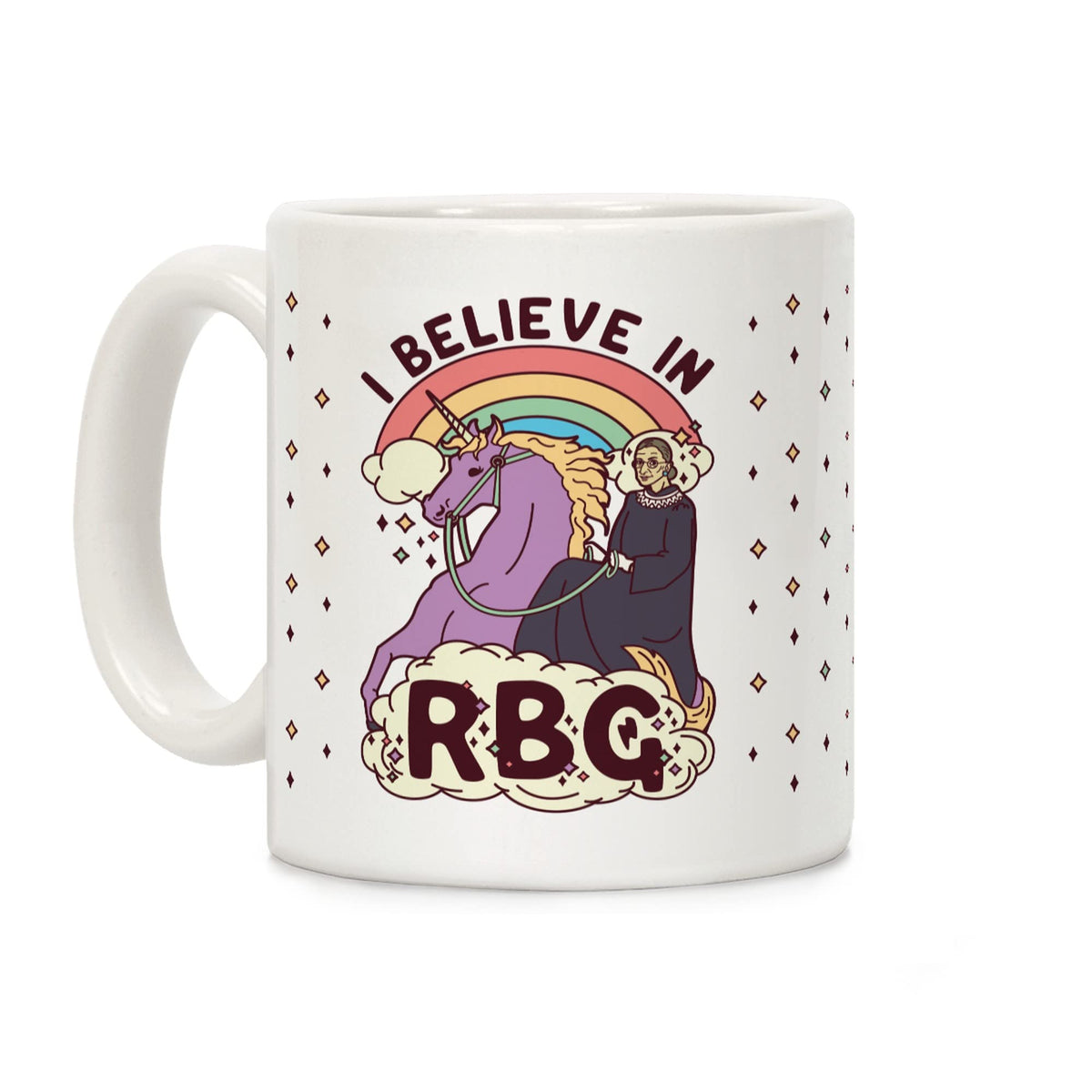 LookHUMAN Ruth Bader Ginsburg on a Unicorn White 11 Ounce Ceramic Coffee Mug
