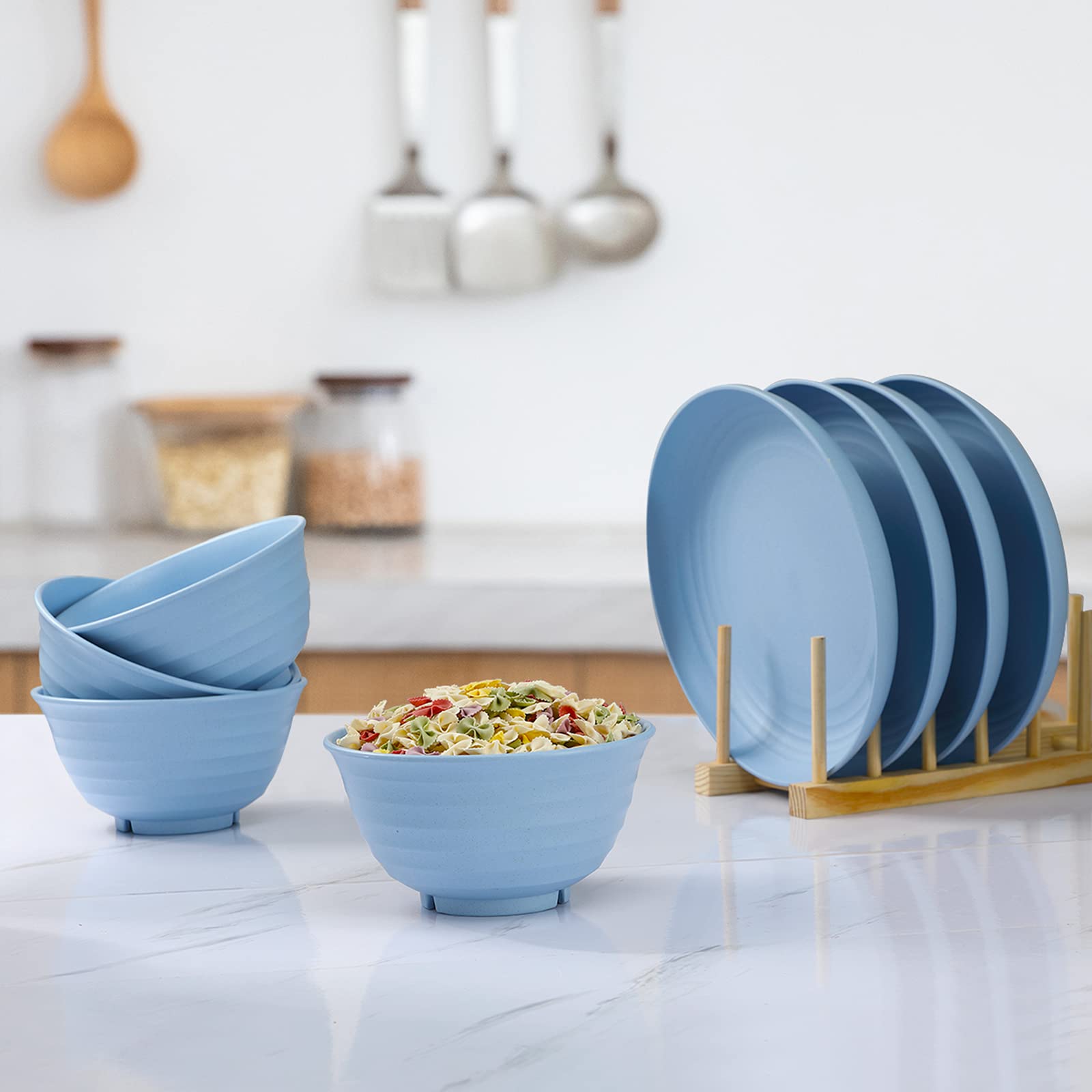 12Pcs Plastic Wheat Straw Dinnerware Sets Service For 4, Cups, Plates And Bowls Sets Microwave Dishwasher Safe Lightweight