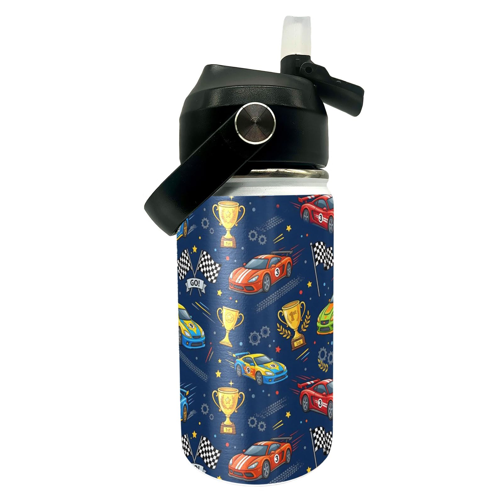 Racing Car Kids Water Bottle with Straw, 12 oz Stainless Steel Insulated, BPA Free, LeakProof, Kids Water Bottle for School Boy