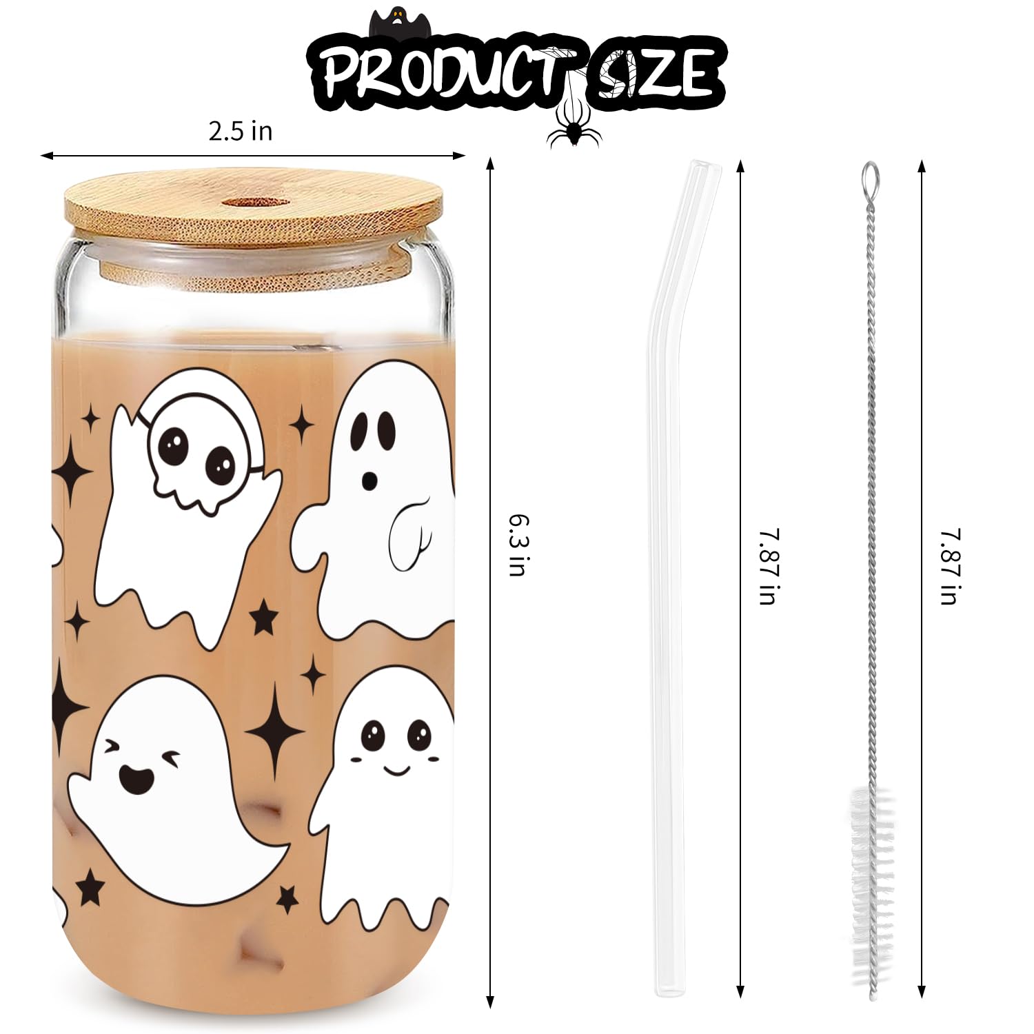 UAREHIBY Halloween Ghost Glass Cup, Cute Boo Basket Stuffers, Spooky Cups for Iced Coffee, 18oz Tumbler Glass Cups with Lids and