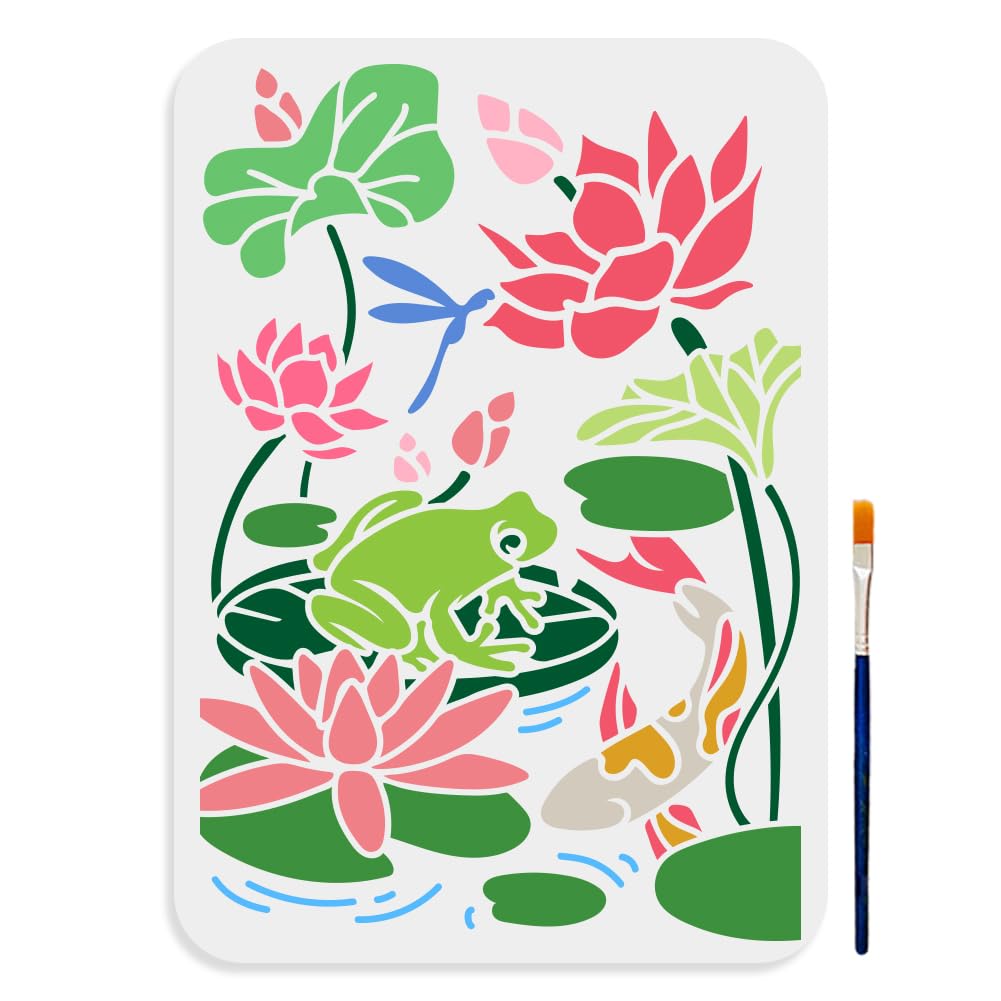 Mayjoydiy Lotus Pond Stencil 11.78.3Inch Large Lotus Flower Koi Painting Stencil With Paint Brush Summer Dragonfly Frog Pond Sce
